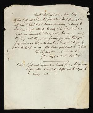 [Letter from Littleton Dennis Teackle to his wife, Elizabeth Upshur Teackle, October 25, 1832]