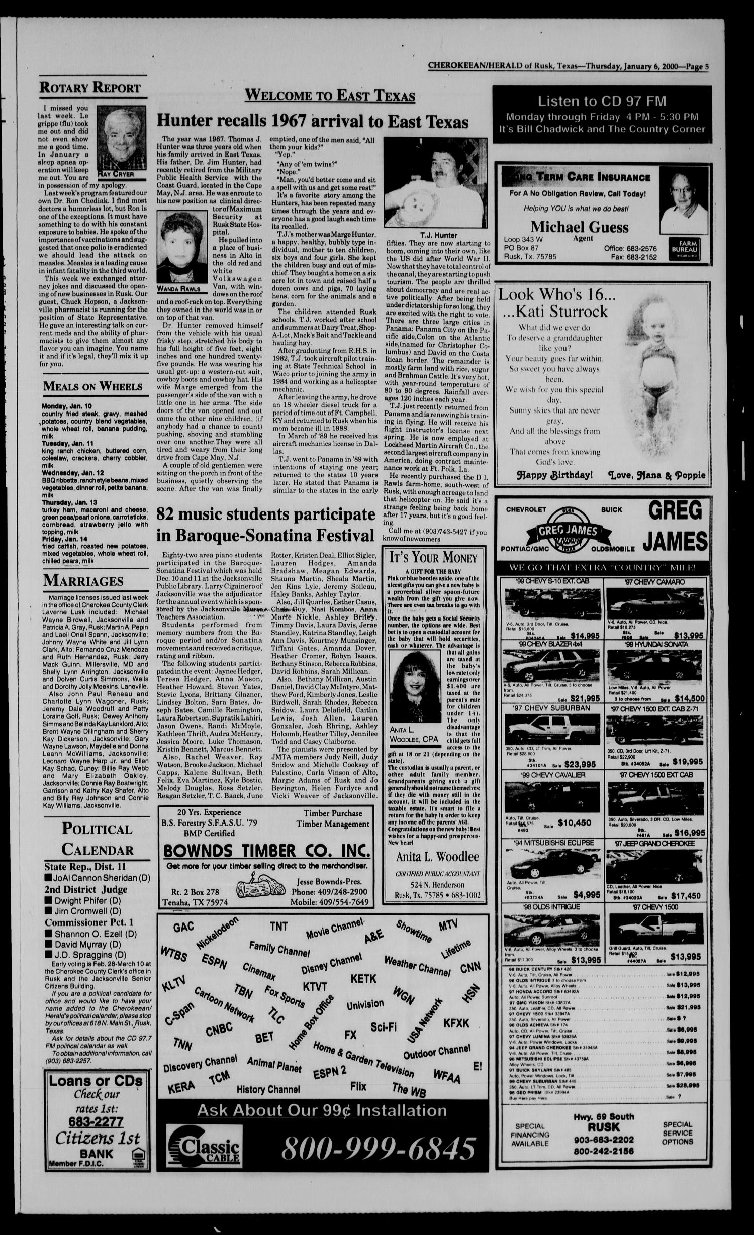 Cherokeean/Herald (Rusk, Tex.), Vol. 150, No. 46, Ed. 1 Thursday, January 6, 2000
                                                
                                                    [Sequence #]: 5 of 12
                                                