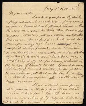 Primary view of object titled '[Letter from Elizabeth Upshur Teackle to her sister, Ann Upshur Eyre, July 3, 1819]'.