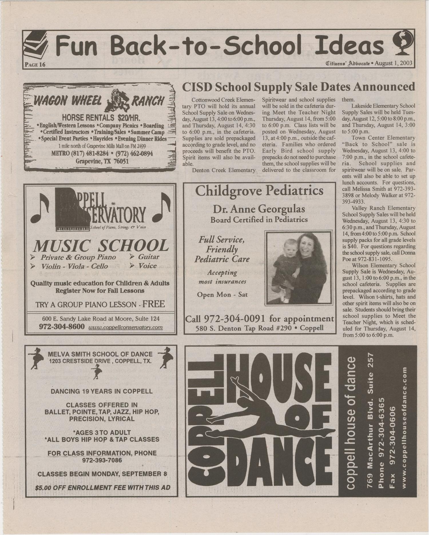 Citizens' Advocate (Coppell, Tex.), Vol. 19, No. 31, Ed. 1 Friday, August 1, 2003
                                                
                                                    [Sequence #]: 16 of 20
                                                