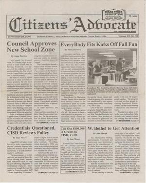 Primary view of object titled 'Citizens' Advocate (Coppell, Tex.), Vol. 19, No. 39, Ed. 1 Friday, September 26, 2003'.