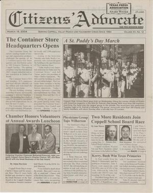 Primary view of object titled 'Citizens' Advocate (Coppell, Tex.), Vol. 20, No. 12, Ed. 1 Friday, March 19, 2004'.
