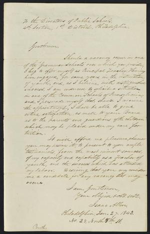 [Letter from Isaac Allen to the Directors of Public Schools in Philadelphia, January 27, 1843]
