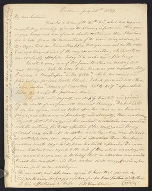 Primary view of object titled '[Letter from Elizabeth Upshur Teackle to her husband, Littleton Dennis Teackle, July 25, 1834]'.