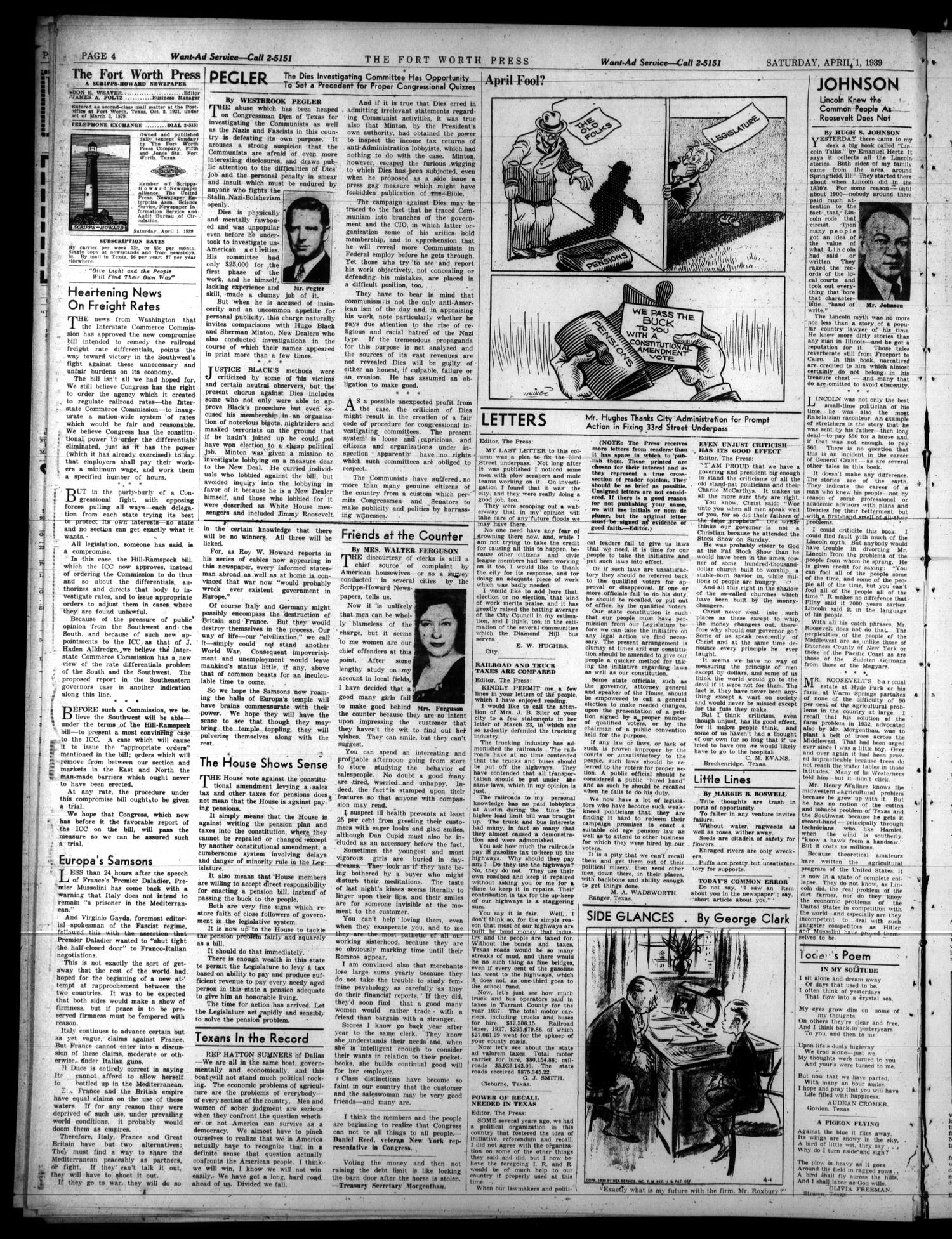 The Fort Worth Press (Fort Worth, Tex.), Vol. 18, No. 156, Ed. 1 Saturday, April 1, 1939
                                                
                                                    [Sequence #]: 4 of 10
                                                