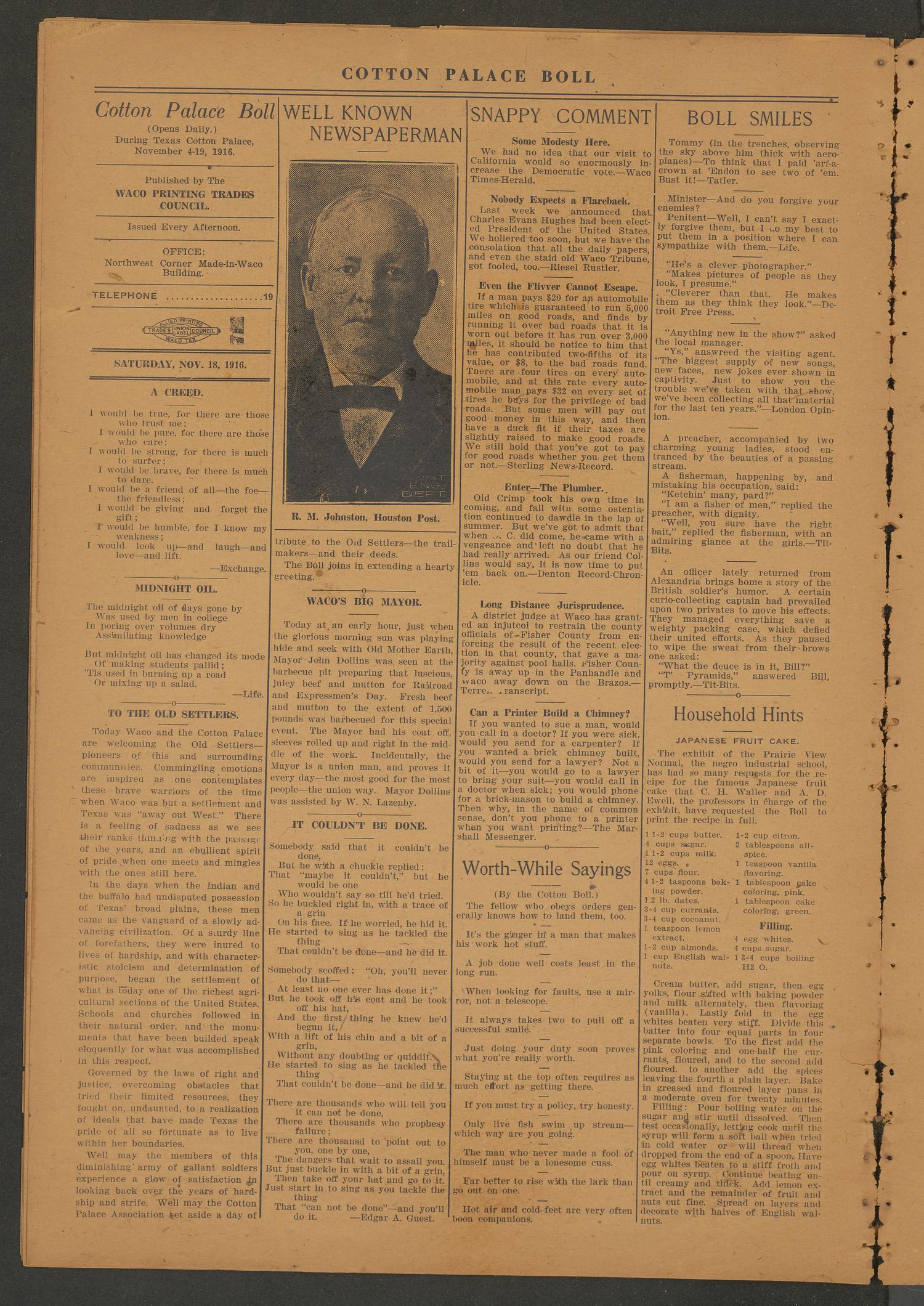 Cotton Palace Boll (Waco, Tex.), Vol. 1, No. 15, Ed. 1 Saturday, November 18, 1916
                                                
                                                    [Sequence #]: 2 of 4
                                                