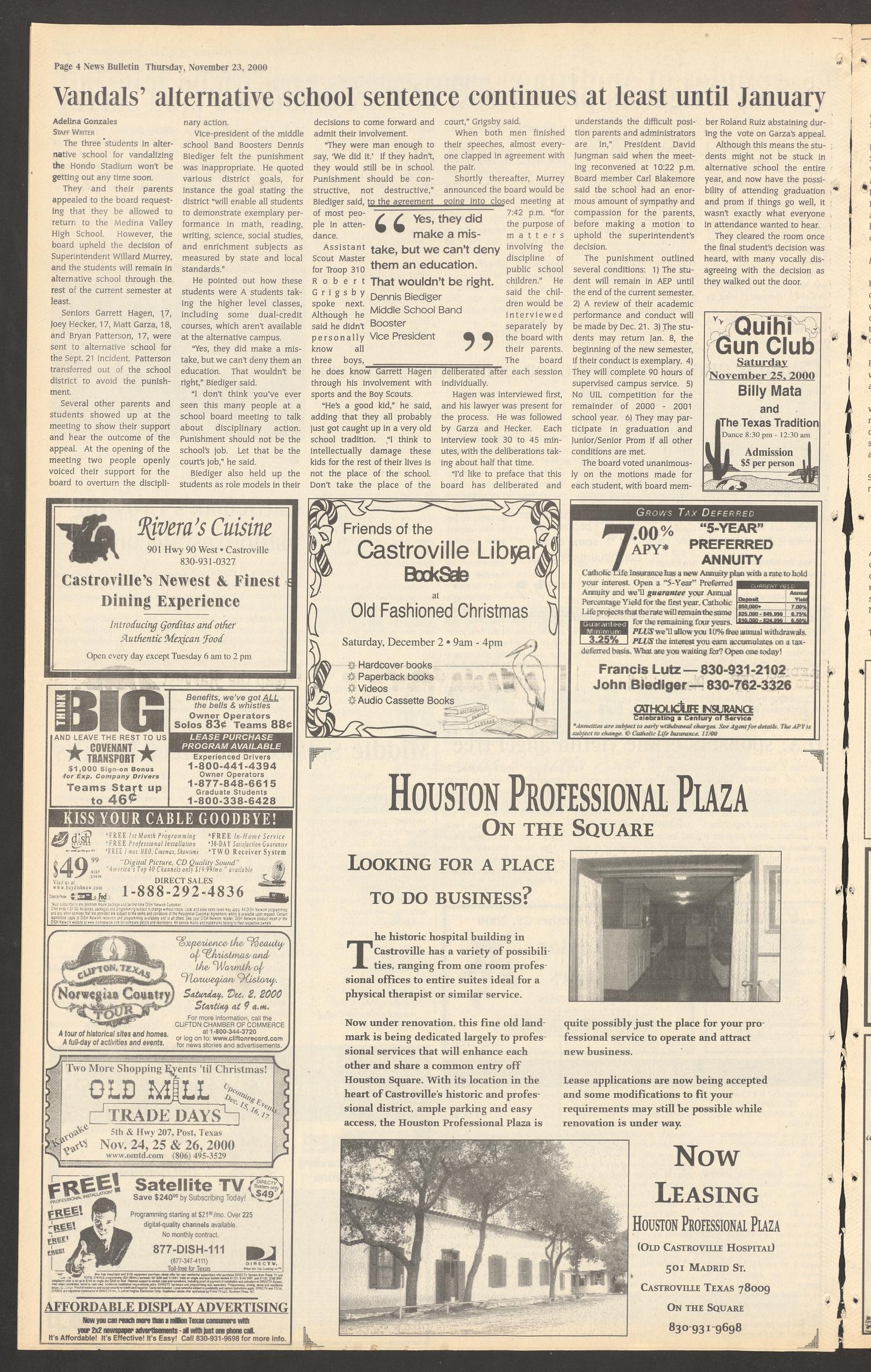 News Bulletin (Castroville, Tex.), Vol. 42, No. 47, Ed. 1 Thursday, November 23, 2000
                                                
                                                    [Sequence #]: 4 of 16
                                                