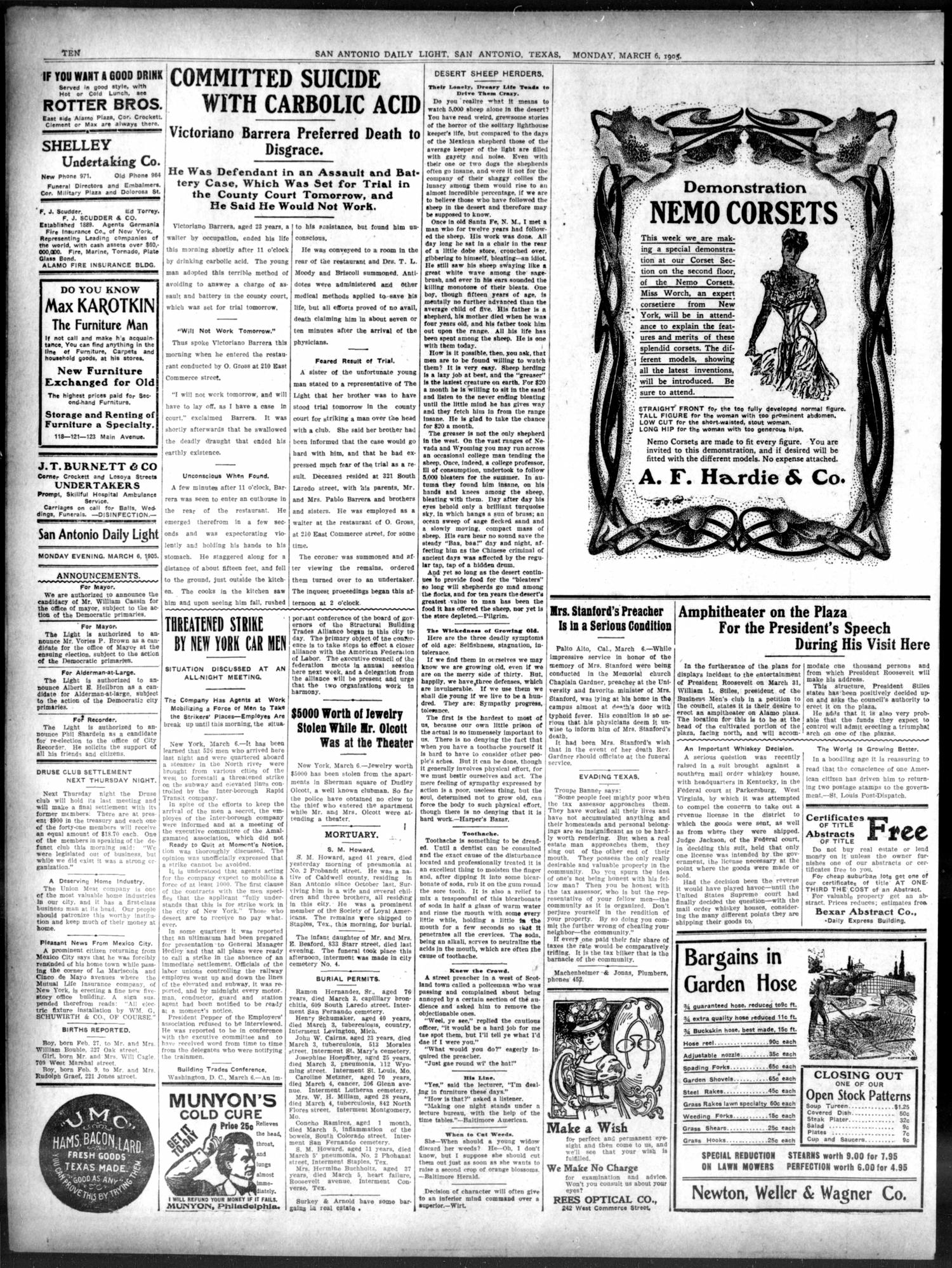 San Antonio Daily Light (San Antonio, Tex.), Vol. 24, No. 46, Ed. 1 Monday, March 6, 1905
                                                
                                                    [Sequence #]: 10 of 10
                                                