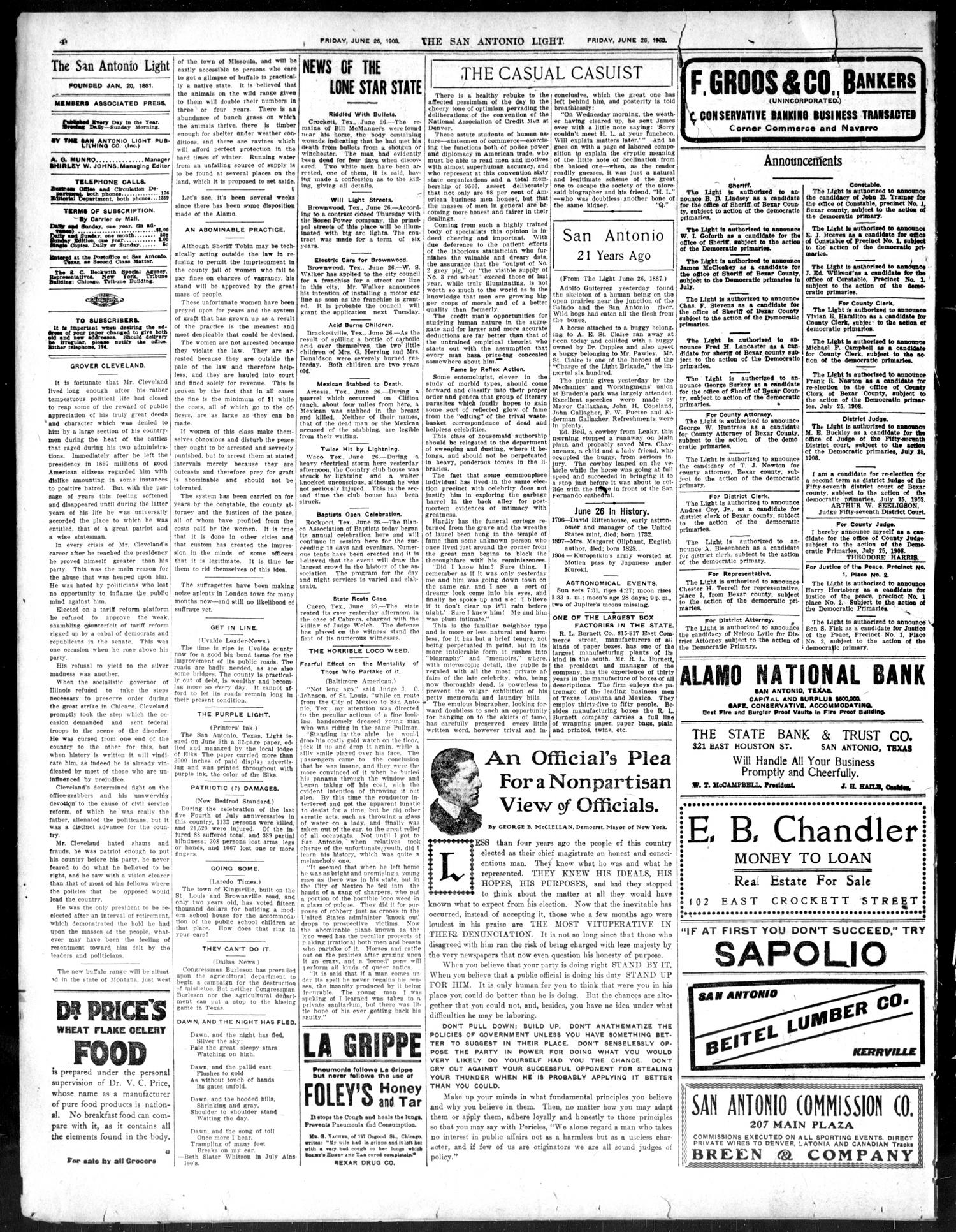The San Antonio Light (San Antonio, Tex.), Ed. 1 Friday, June 26, 1908
                                                
                                                    [Sequence #]: 4 of 10
                                                