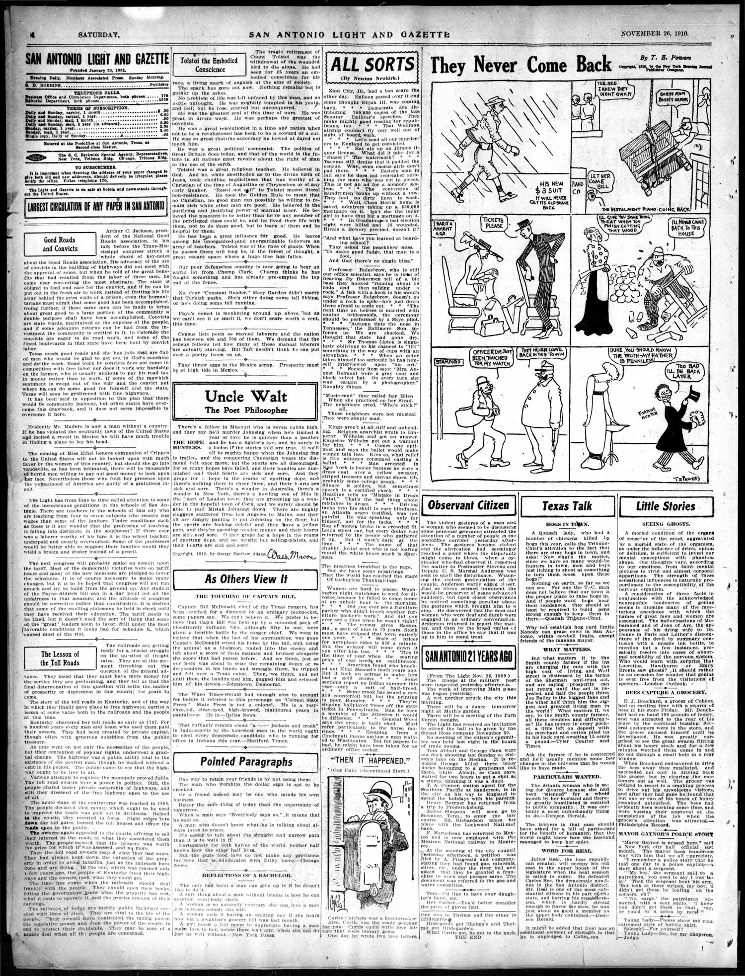 San Antonio Light and Gazette (San Antonio, Tex.), Vol. 31, No. 307, Ed. 1 Saturday, November 26, 1910
                                                
                                                    [Sequence #]: 4 of 12
                                                