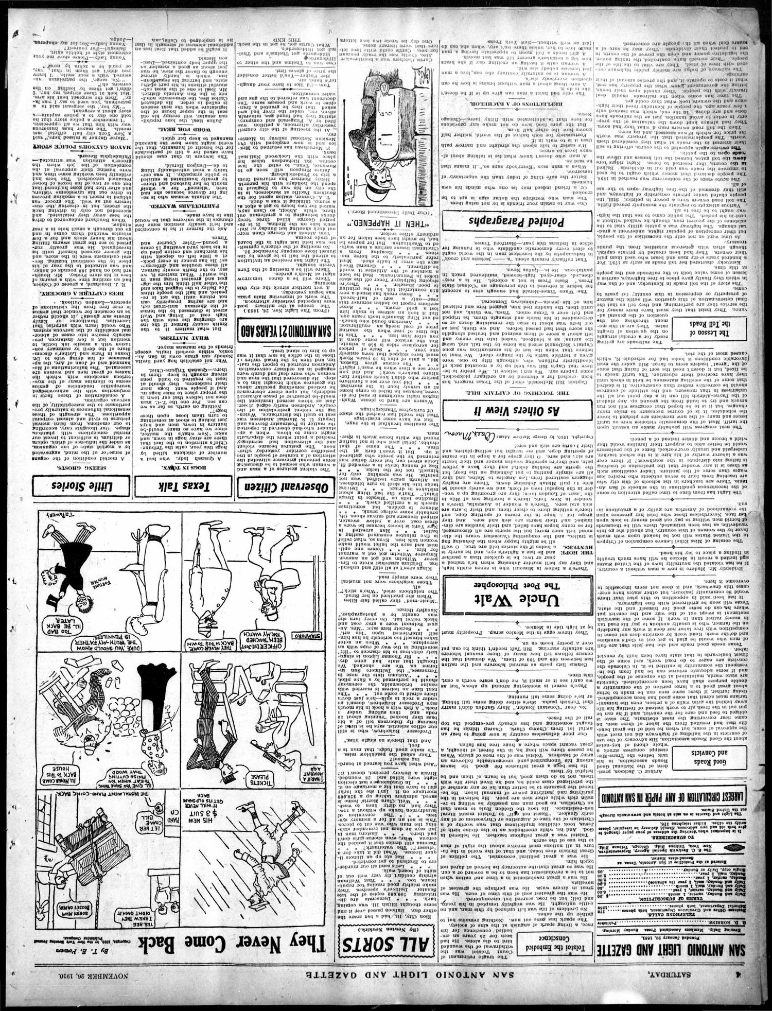 San Antonio Light and Gazette (San Antonio, Tex.), Vol. 31, No. 307, Ed. 1 Saturday, November 26, 1910
                                                
                                                    [Sequence #]: 4 of 12
                                                