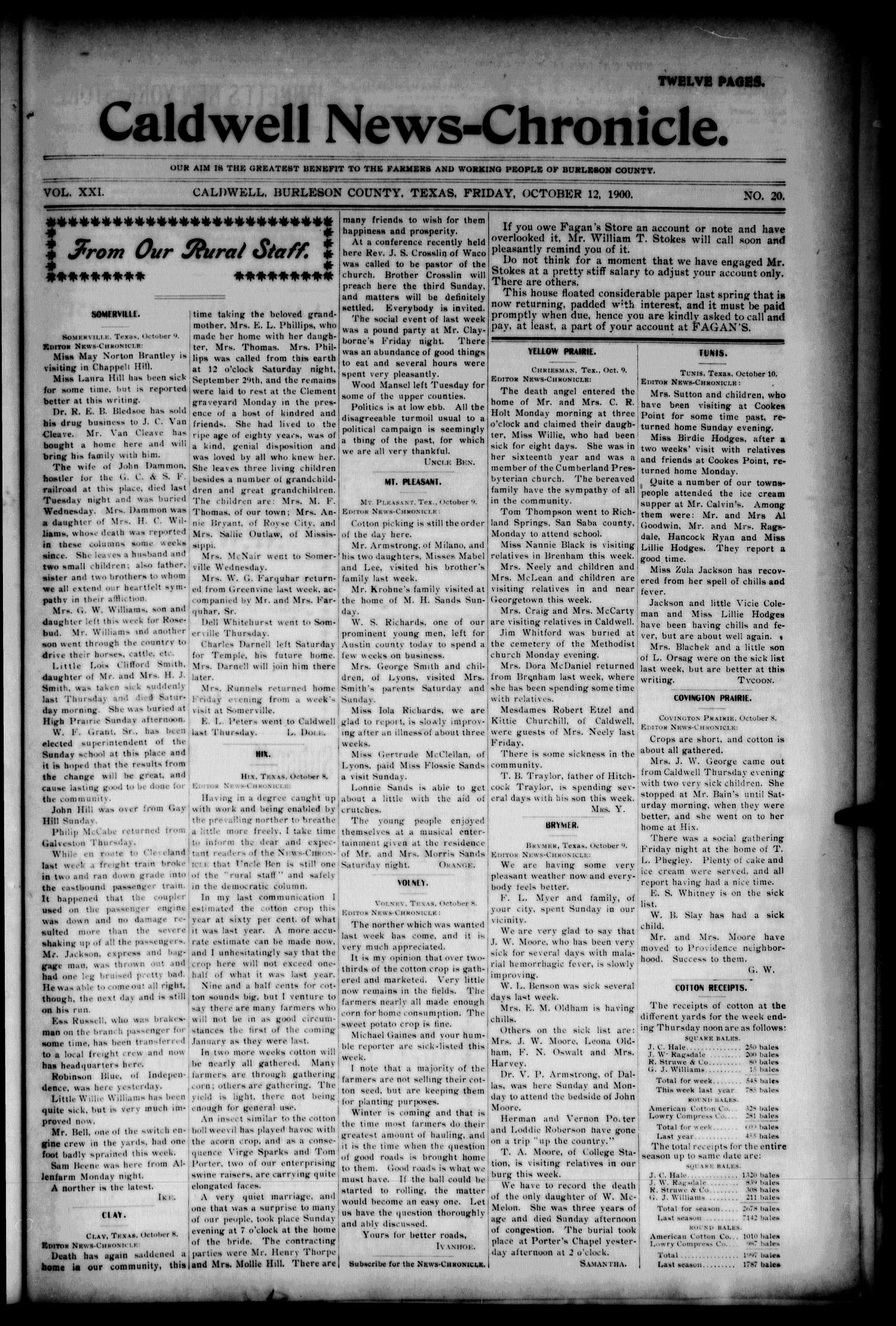 Caldwell News-Chronicle. (Caldwell, Tex.), Vol. 21, No. 20, Ed. 1 Friday, October 12, 1900
                                                
                                                    [Sequence #]: 1 of 12
                                                