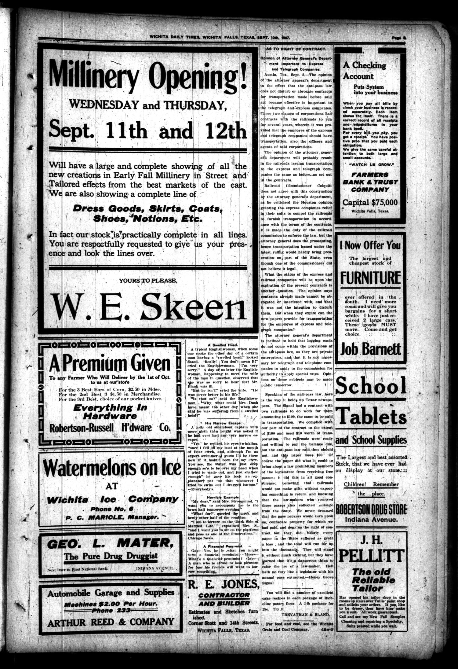 Wichita Daily Times. (Wichita Falls, Tex.), Vol. 1, No. 103, Ed. 1 Tuesday, September 10, 1907
                                                
                                                    [Sequence #]: 3 of 8
                                                