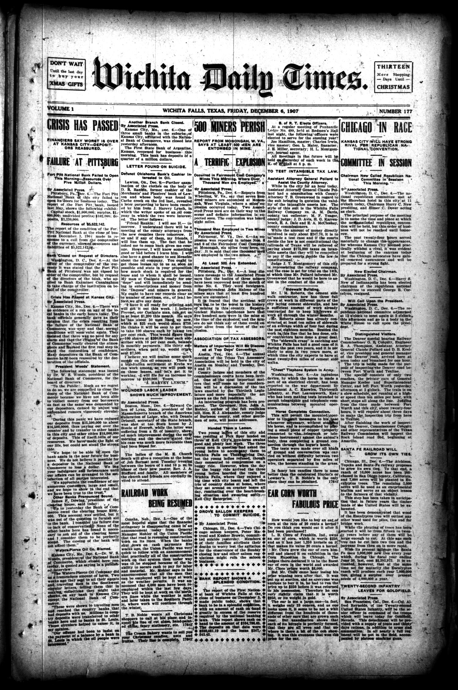 Wichita Daily Times. (Wichita Falls, Tex.), Vol. 1, No. 177, Ed. 1 Friday, December 6, 1907
                                                
                                                    [Sequence #]: 1 of 8
                                                