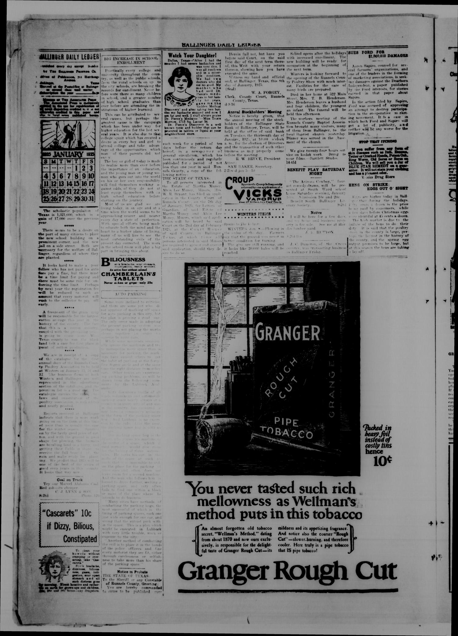 Ballinger Daily Ledger (Ballinger, Tex.), Vol. 19, No. 239, Ed. 1 Friday, January 9, 1925
                                                
                                                    [Sequence #]: 4 of 4
                                                