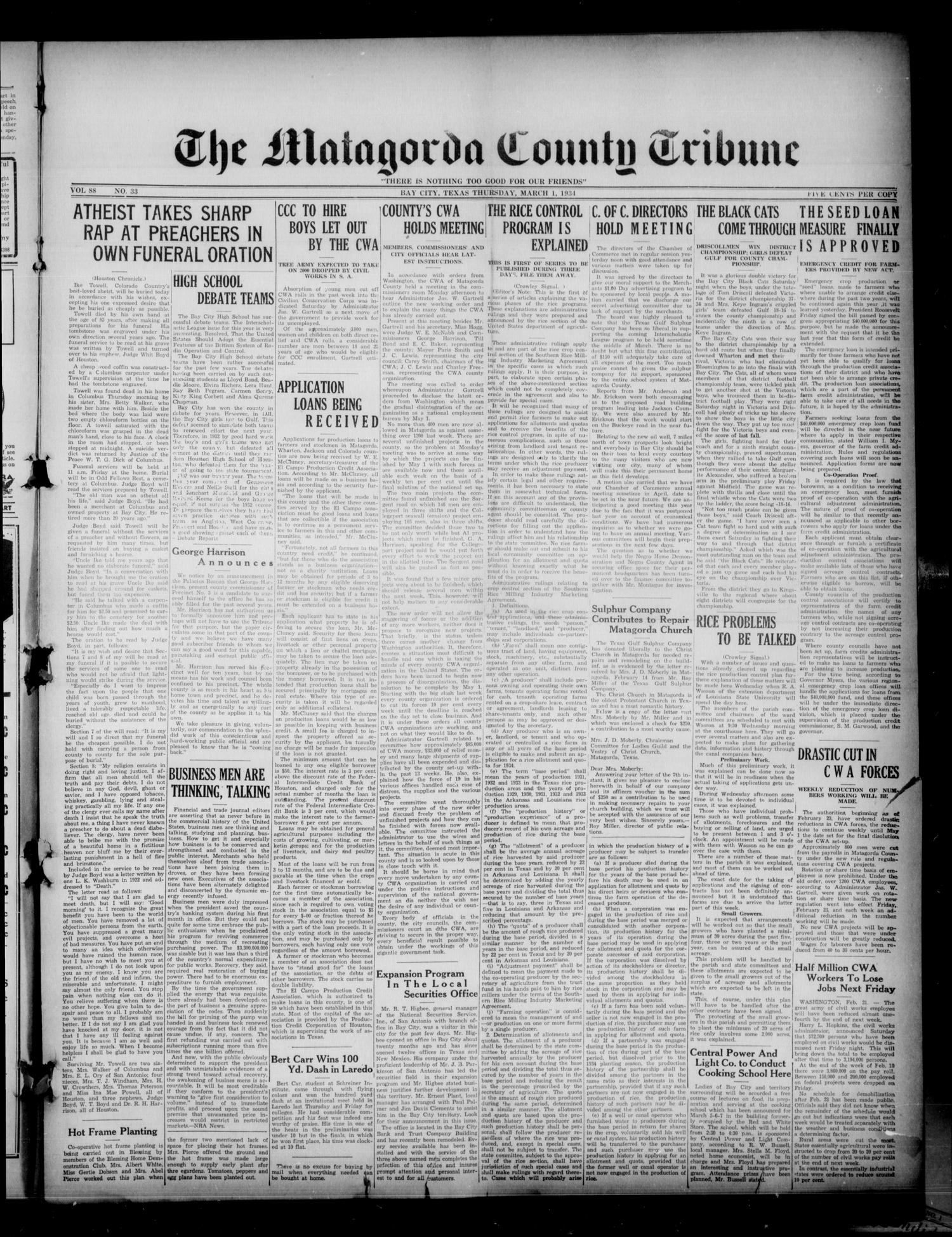 The Matagorda County Tribune (Bay City, Tex.), Vol. 88, No. 33, Ed. 1 Thursday, March 1, 1934
                                                
                                                    [Sequence #]: 1 of 8
                                                