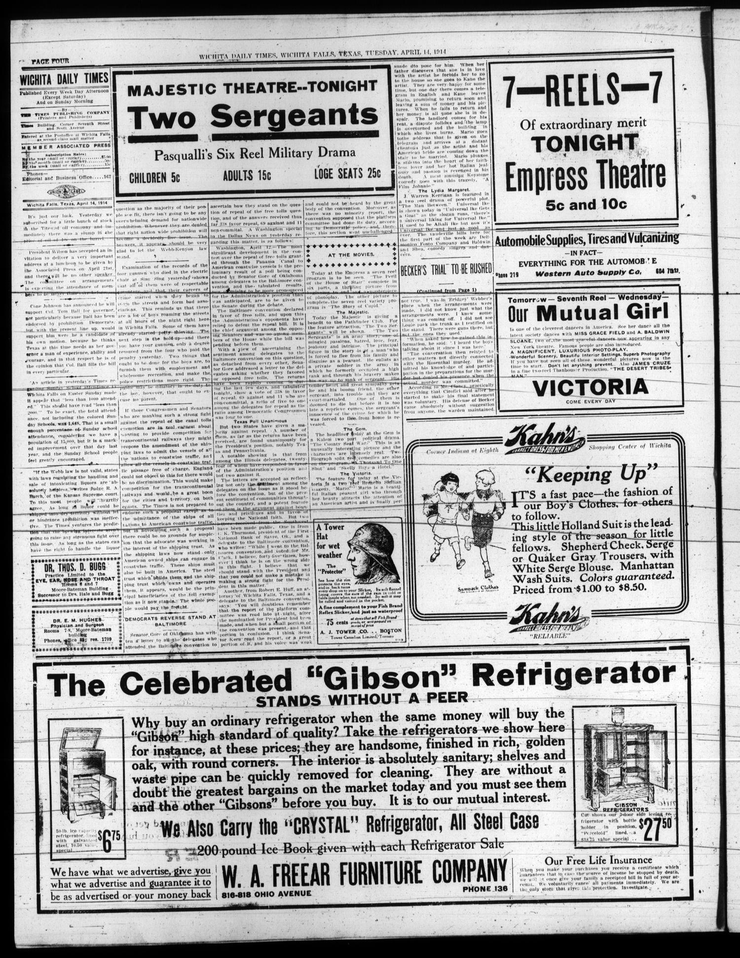 Wichita Daily Times (Wichita Falls, Tex.), Vol. 7, No. 287, Ed. 1 Tuesday, April 14, 1914
                                                
                                                    [Sequence #]: 4 of 8
                                                