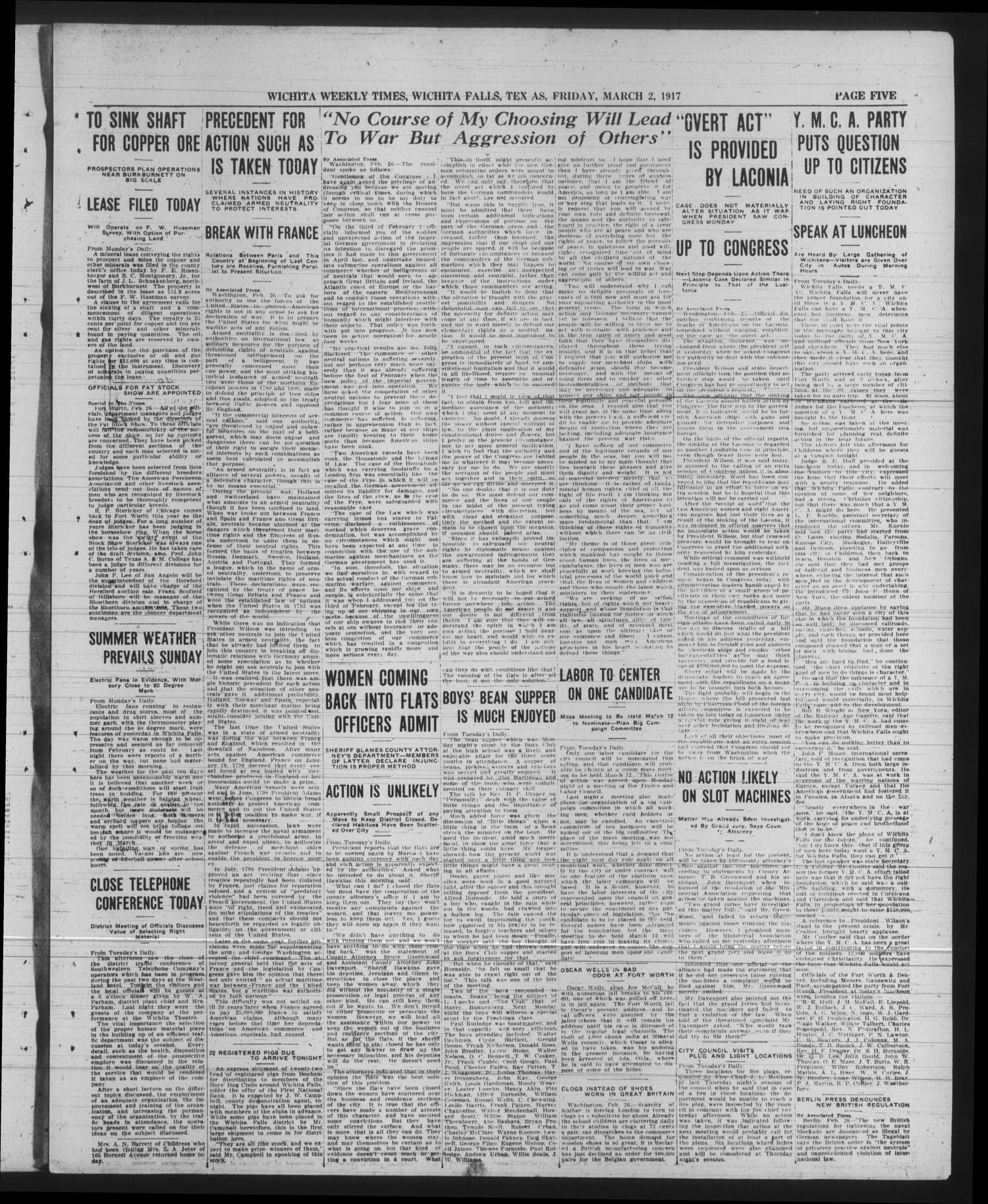 Wichita Weekly Times (Wichita Falls, Tex.), Vol. 26, No. 36, Ed. 1 Friday, March 2, 1917
                                                
                                                    [Sequence #]: 5 of 8
                                                