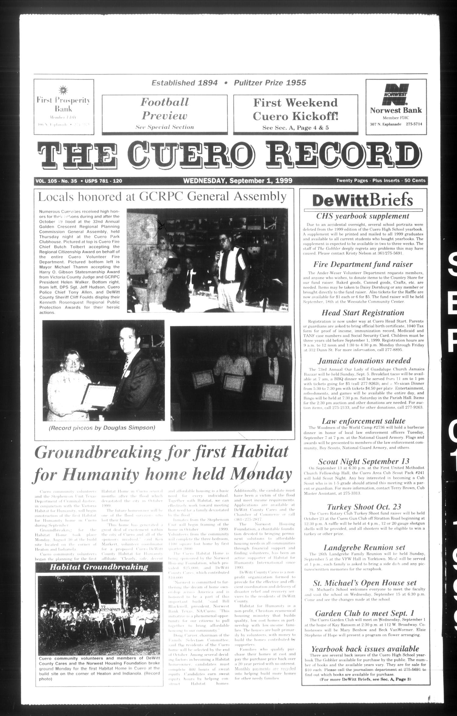 The Cuero Record (Cuero, Tex.), Vol. 105, No. 35, Ed. 1 Wednesday, September 1, 1999
                                                
                                                    [Sequence #]: 1 of 60
                                                