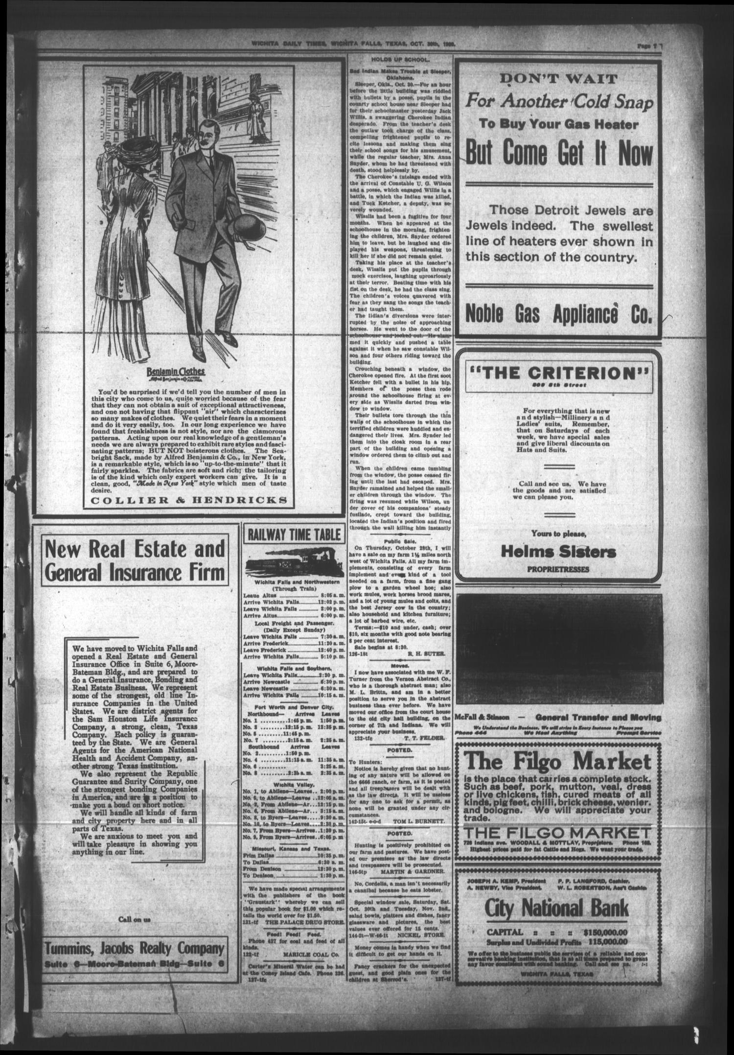 Wichita Daily Times (Wichita Falls, Tex.), Vol. 3, No. 146, Ed. 1 Saturday, October 30, 1909
                                                
                                                    [Sequence #]: 7 of 10
                                                