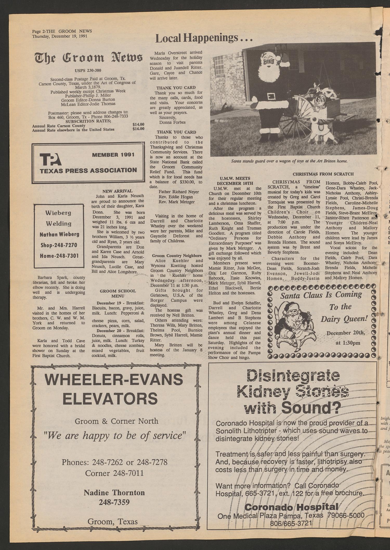 The Groom News (Groom, Tex.), Vol. 65, No. 43, Ed. 1 Thursday, December 19, 1991
                                                
                                                    [Sequence #]: 2 of 24
                                                