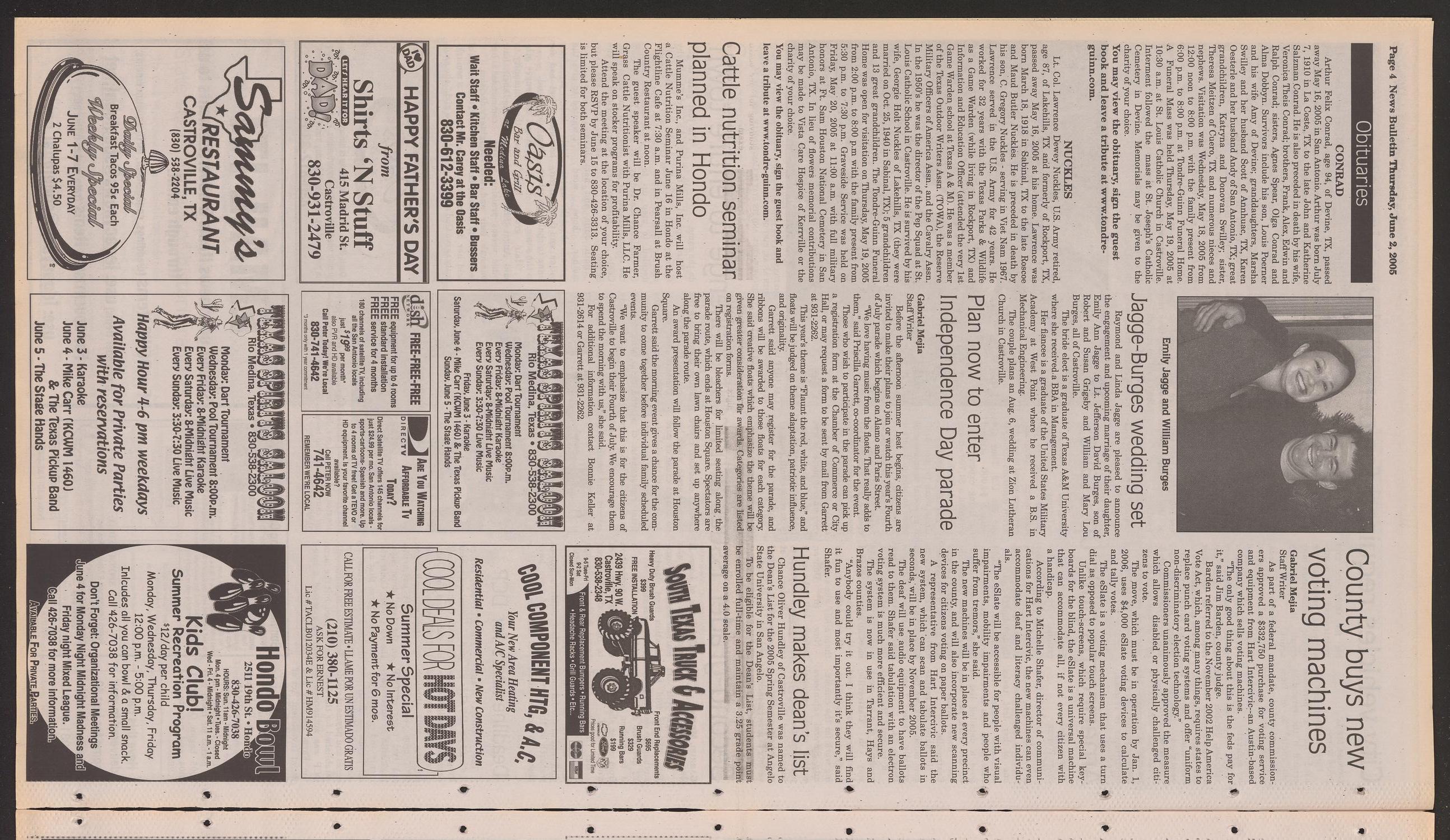 News Bulletin (Castroville, Tex.), Vol. 45, No. 22, Ed. 1 Thursday, June 2, 2005
                                                
                                                    [Sequence #]: 4 of 14
                                                