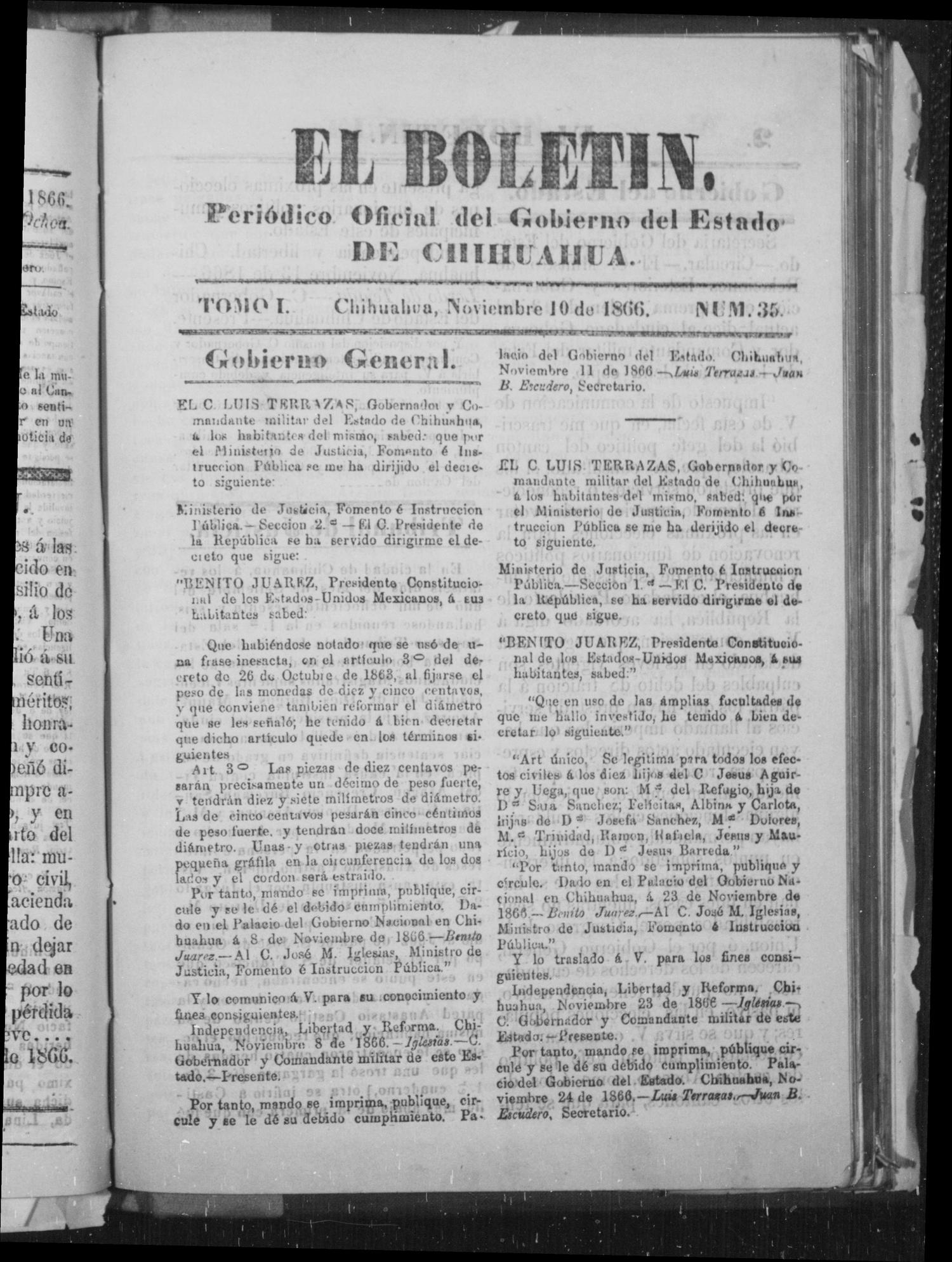 El Boletin. (Chihuahua, Mexico), Vol. 1, No. 35, Ed. 1 Saturday, November 10, 1866
                                                
                                                    [Sequence #]: 1 of 4
                                                