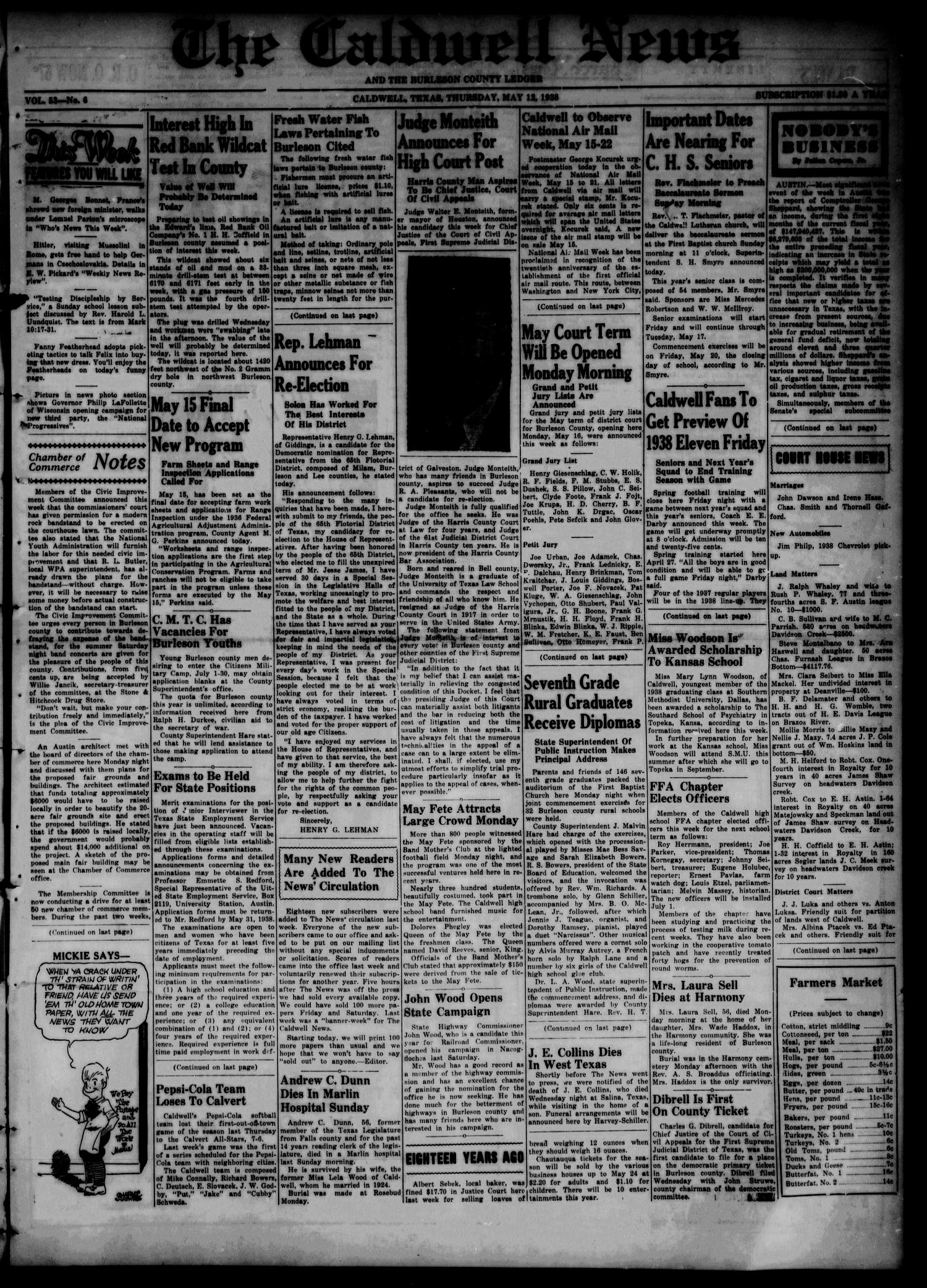The Caldwell News and The Burleson County Ledger (Caldwell, Tex.), Vol. 53, No. 6, Ed. 1 Thursday, May 12, 1938
                                                
                                                    [Sequence #]: 1 of 8
                                                