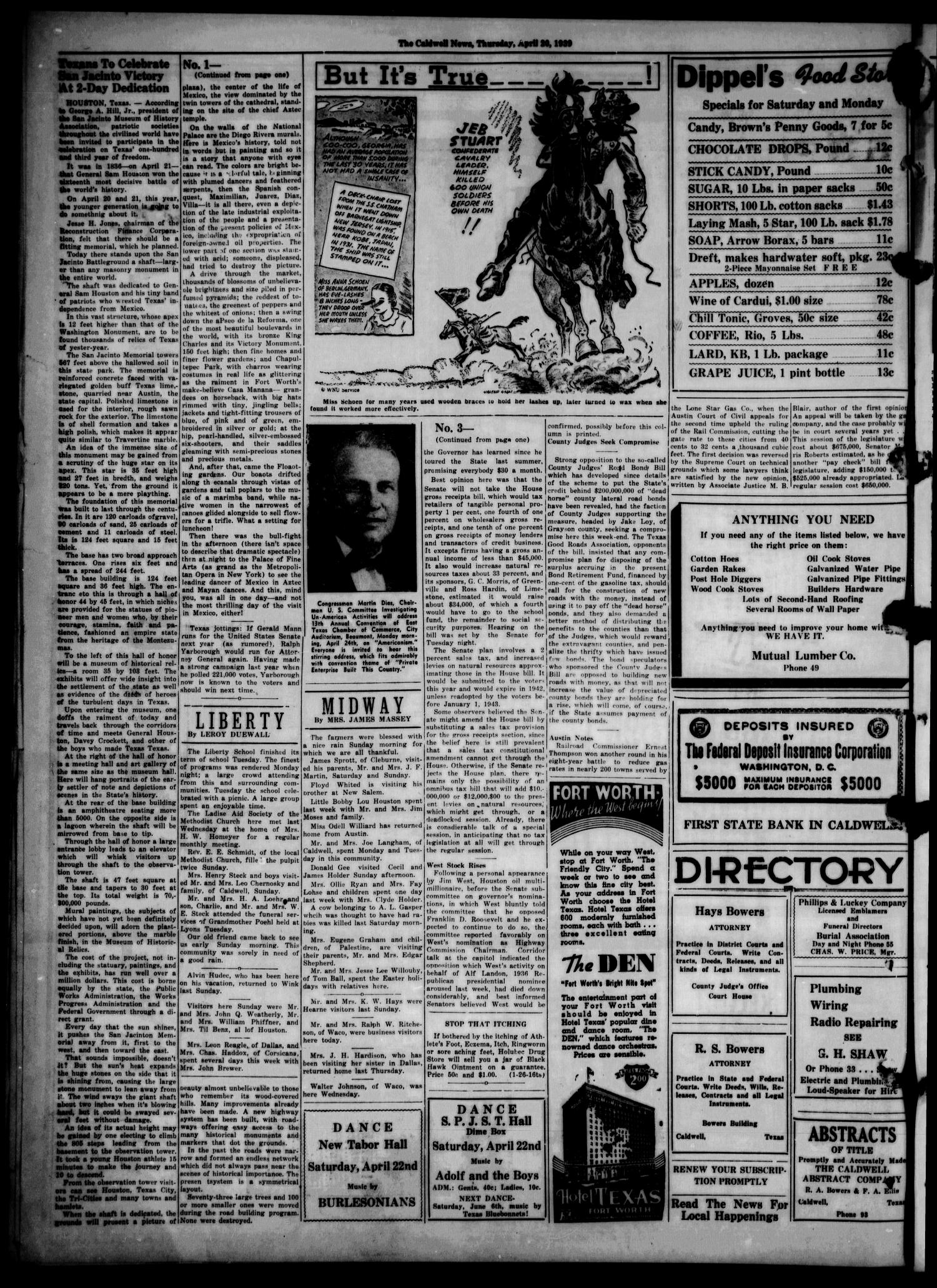 The Caldwell News and The Burleson County Ledger (Caldwell, Tex.), Vol. 54, No. 2, Ed. 1 Thursday, April 20, 1939
                                                
                                                    [Sequence #]: 4 of 8
                                                