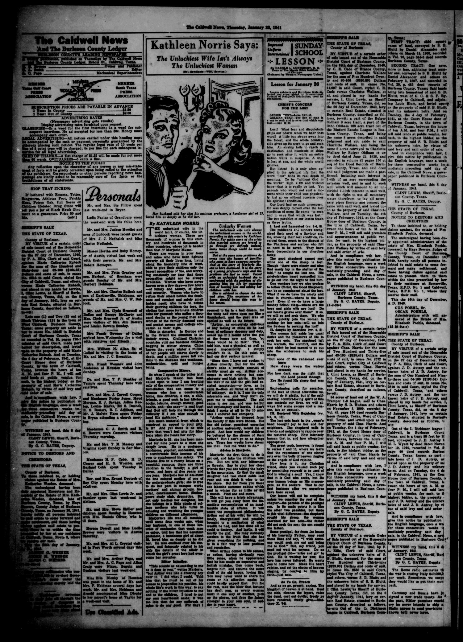 The Caldwell News and The Burleson County Ledger (Caldwell, Tex.), Vol. 55, No. 40, Ed. 1 Thursday, January 23, 1941
                                                
                                                    [Sequence #]: 2 of 6
                                                