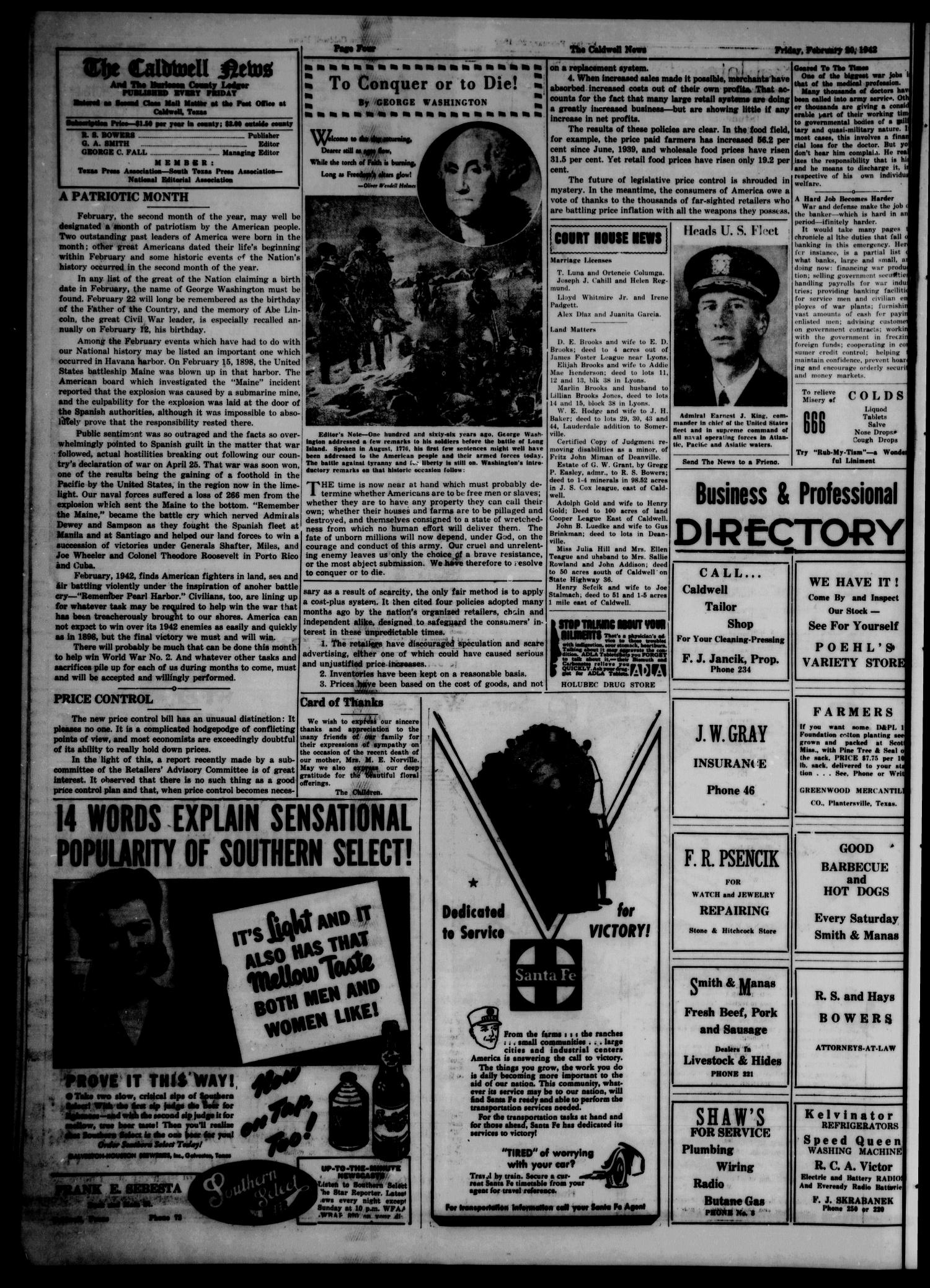 The Caldwell News and The Burleson County Ledger (Caldwell, Tex.), Vol. 56, No. 32, Ed. 1 Friday, February 20, 1942
                                                
                                                    [Sequence #]: 4 of 8
                                                