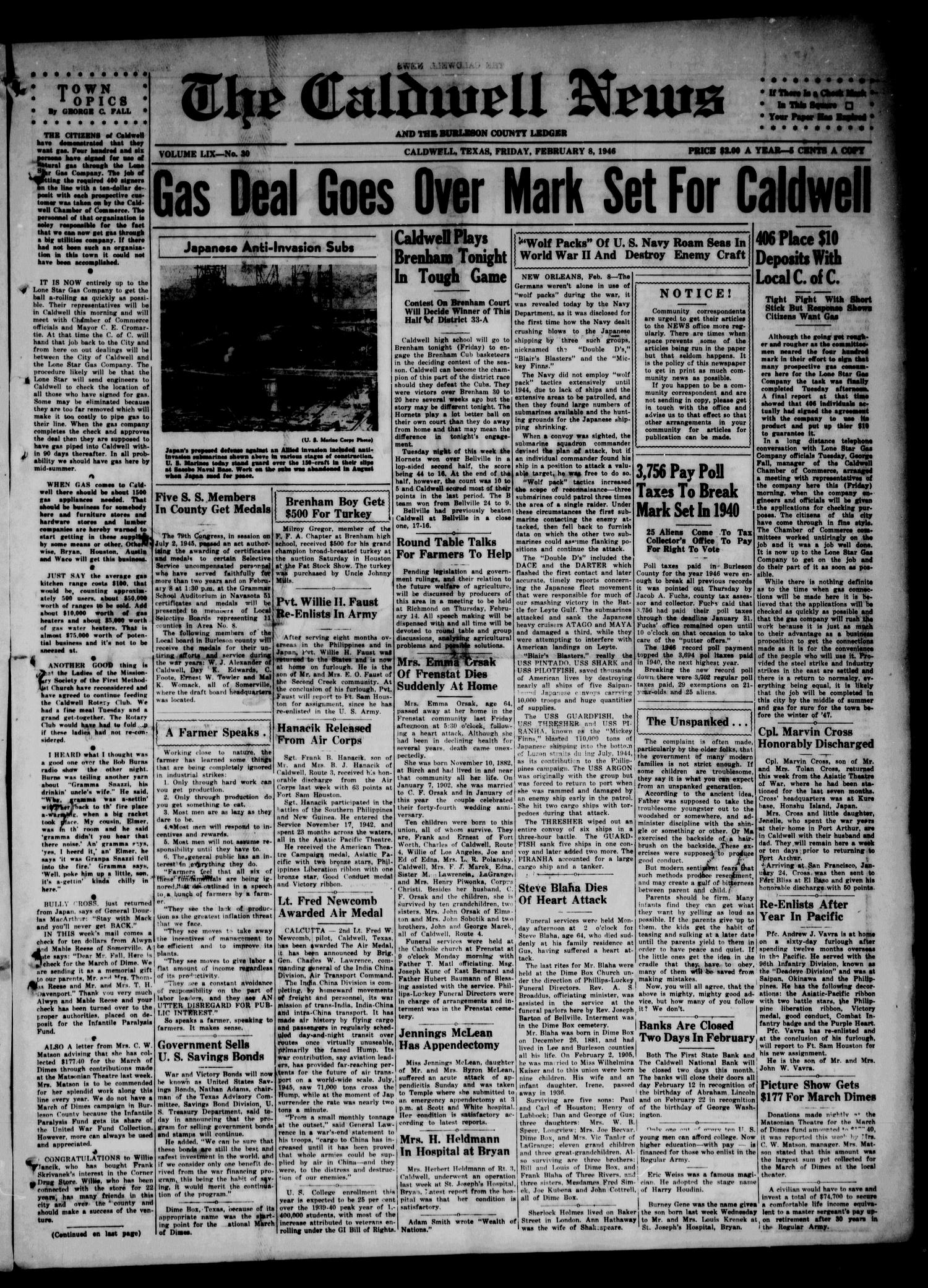The Caldwell News and The Burleson County Ledger (Caldwell, Tex.), Vol. 59, No. 30, Ed. 1 Friday, February 8, 1946
                                                
                                                    [Sequence #]: 1 of 8
                                                