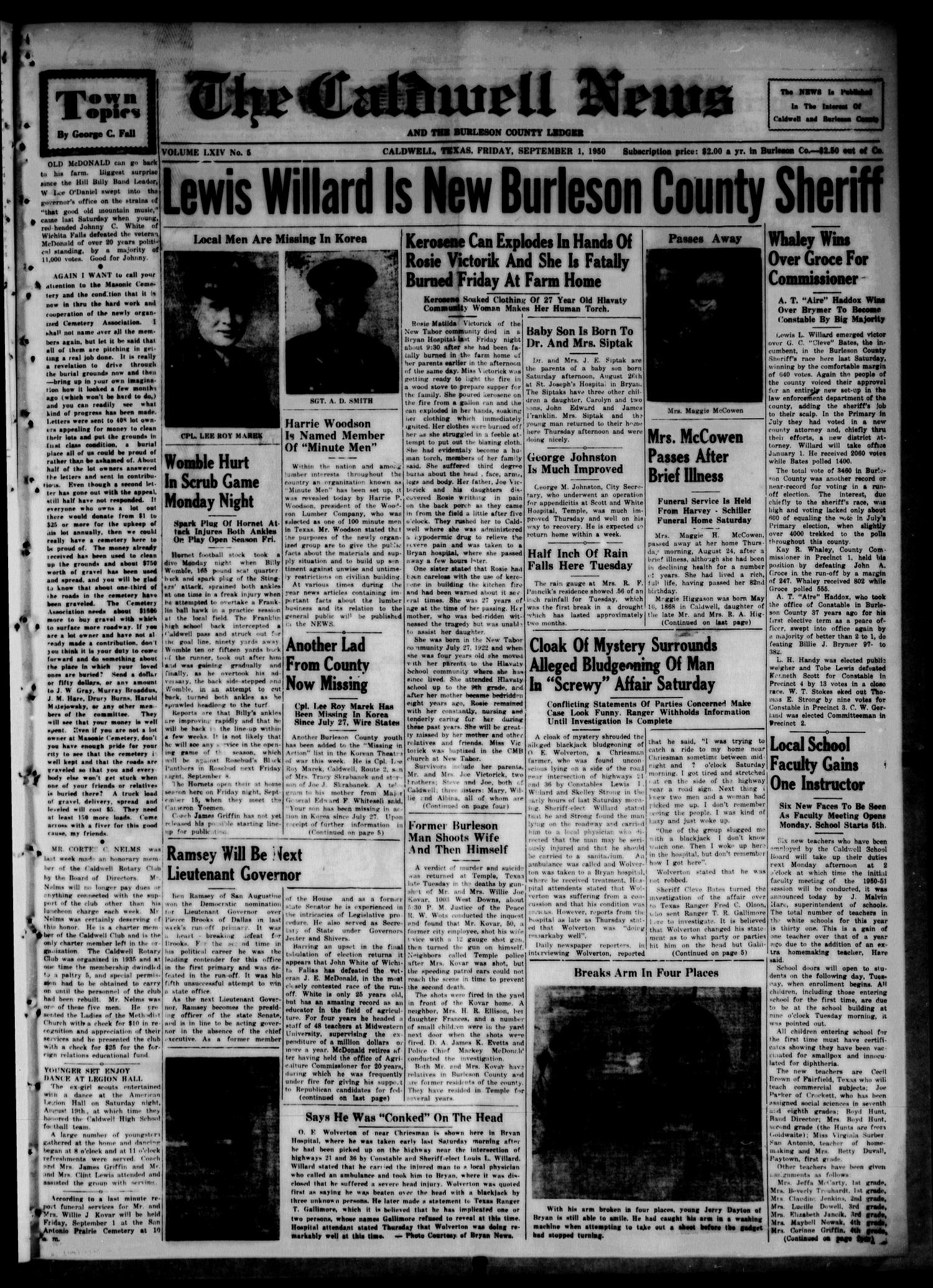 The Caldwell News and The Burleson County Ledger (Caldwell, Tex.), Vol. 64, No. 5, Ed. 1 Friday, September 1, 1950
                                                
                                                    [Sequence #]: 1 of 8
                                                