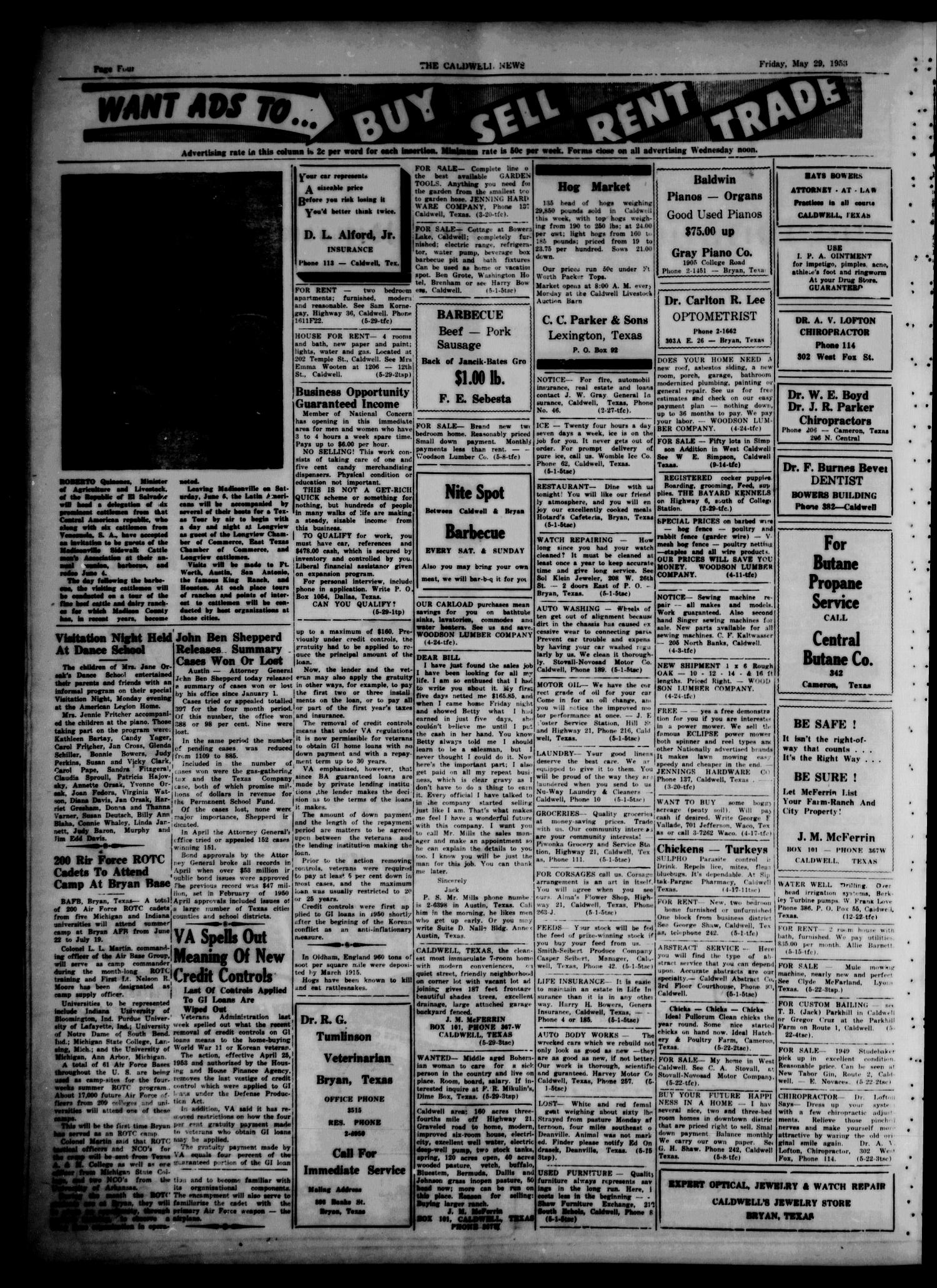 The Caldwell News and The Burleson County Ledger (Caldwell, Tex.), Vol. 65, No. 43, Ed. 1 Friday, May 29, 1953
                                                
                                                    [Sequence #]: 4 of 8
                                                