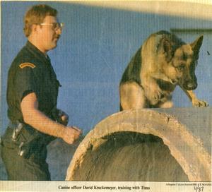[Arlington Canine Officer David Kruckemeyer training with Timo, newspaper clipping, 1987]