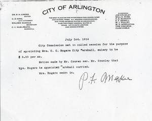 Primary view of object titled '[City of Arlington document appointing Mrs. C.C. Rogers as the City Marshal of Arlington, view 2]'.