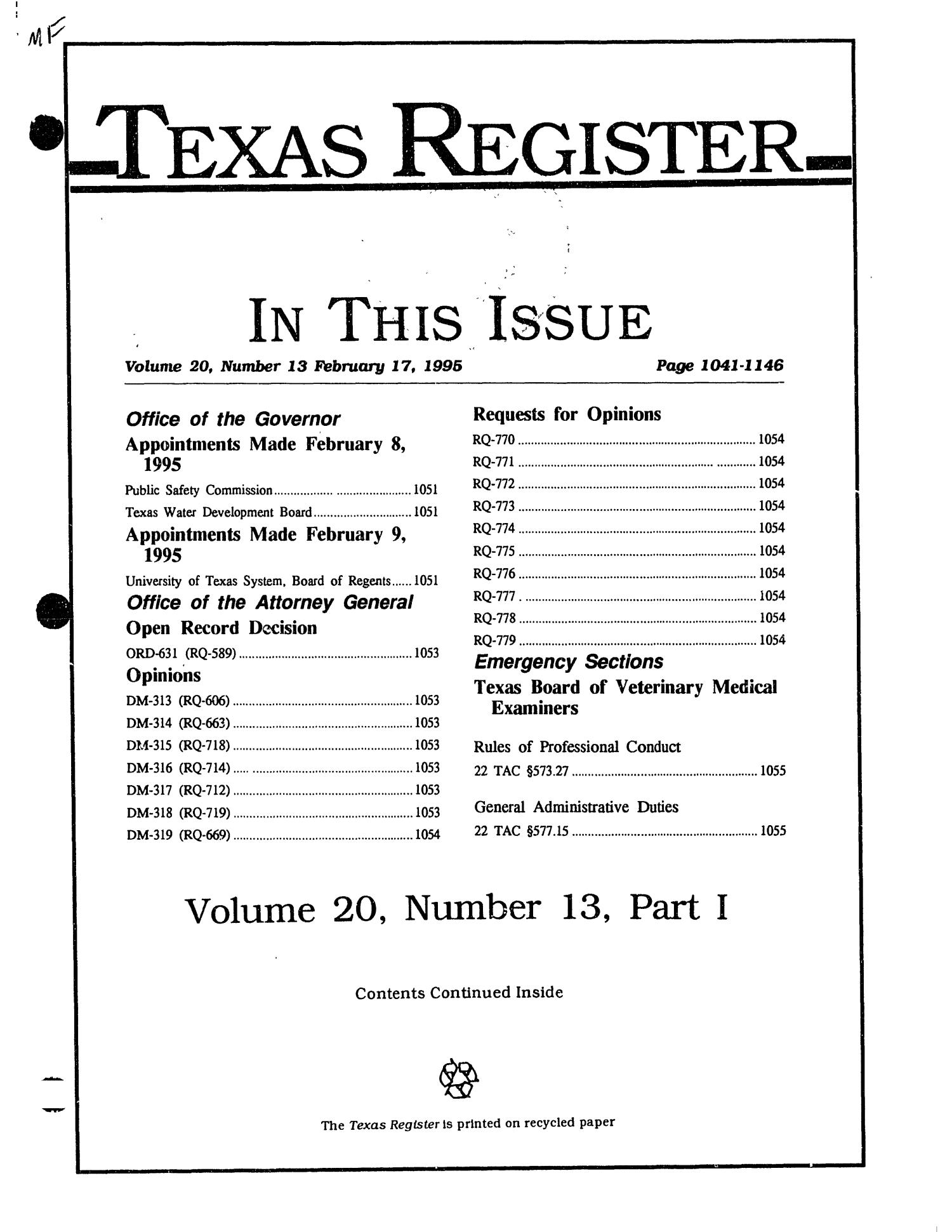 Texas Register, Volume 20, Number 13, Part I, Pages 1041-1146, February 17, 1995
                                                
                                                    Title Page
                                                