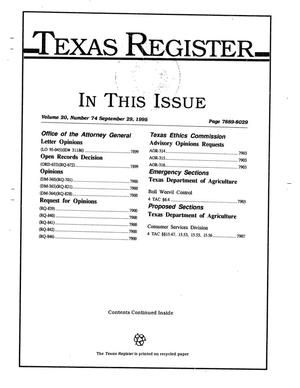 Primary view of object titled 'Texas Register, Volume 20, Number 74, Pages 7889-8029, September 29, 1995'.