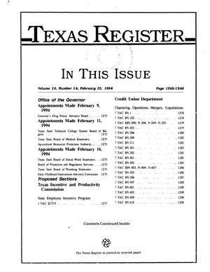 Texas Register, Volume 19, Number 14, Pages 1265-1348, February 22, 1994