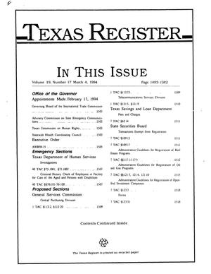 Primary view of object titled 'Texas Register, Volume 19, Number 17, Pages 1493-1582, March 4, 1994'.