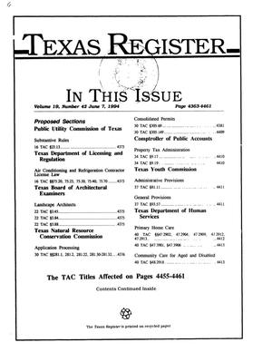 Primary view of object titled 'Texas Register, Volume 19, Number 42, Pages 4363-4461, June 7, 1994'.