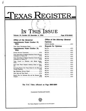 Primary view of object titled 'Texas Register, Volume 19, Number 82, Pages 8725-8809, November 4, 1994'.