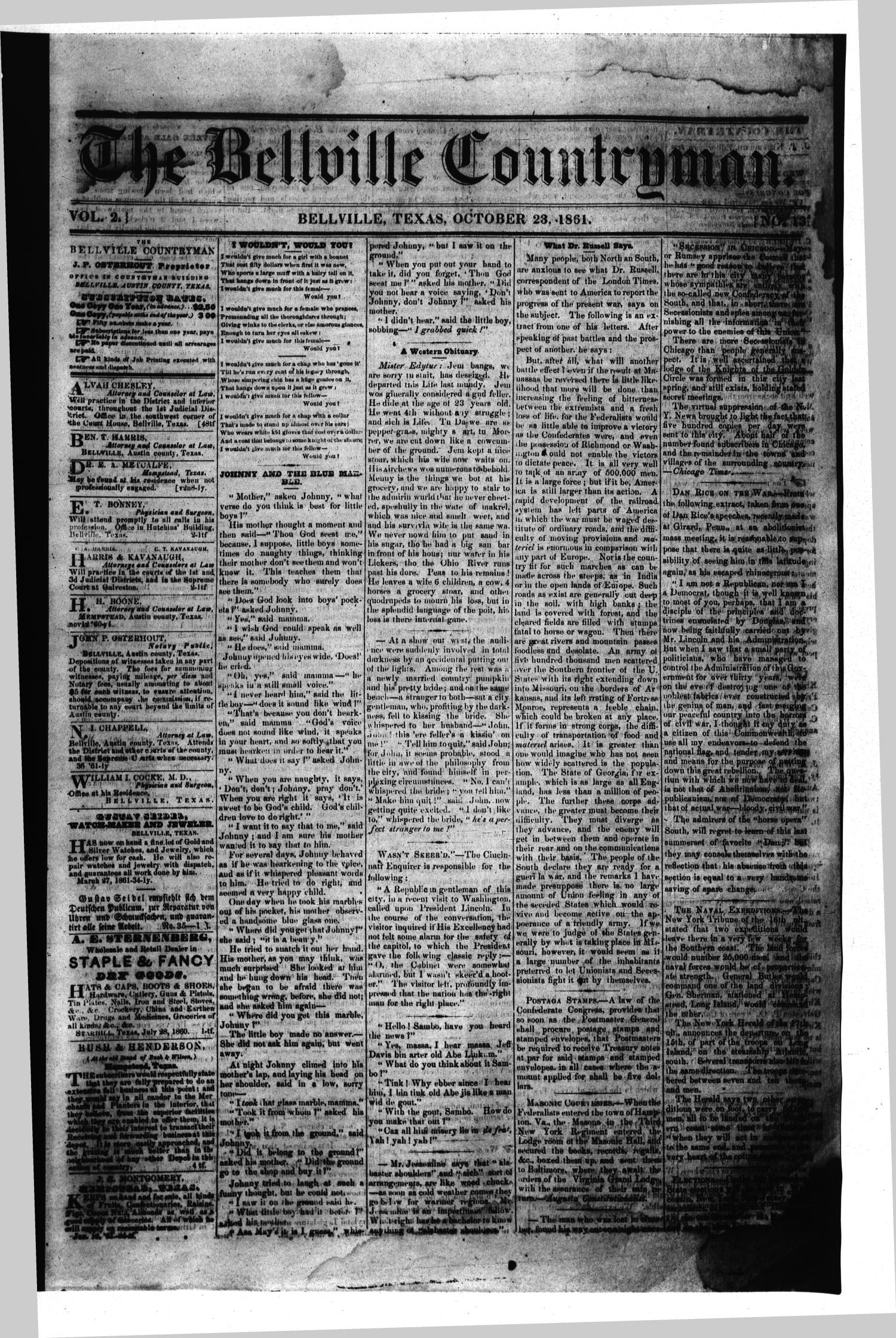 The Bellville Countryman (Bellville, Tex.), Vol. 2, No. 13, Ed. 1 Wednesday, October 23, 1861
                                                
                                                    [Sequence #]: 1 of 4
                                                