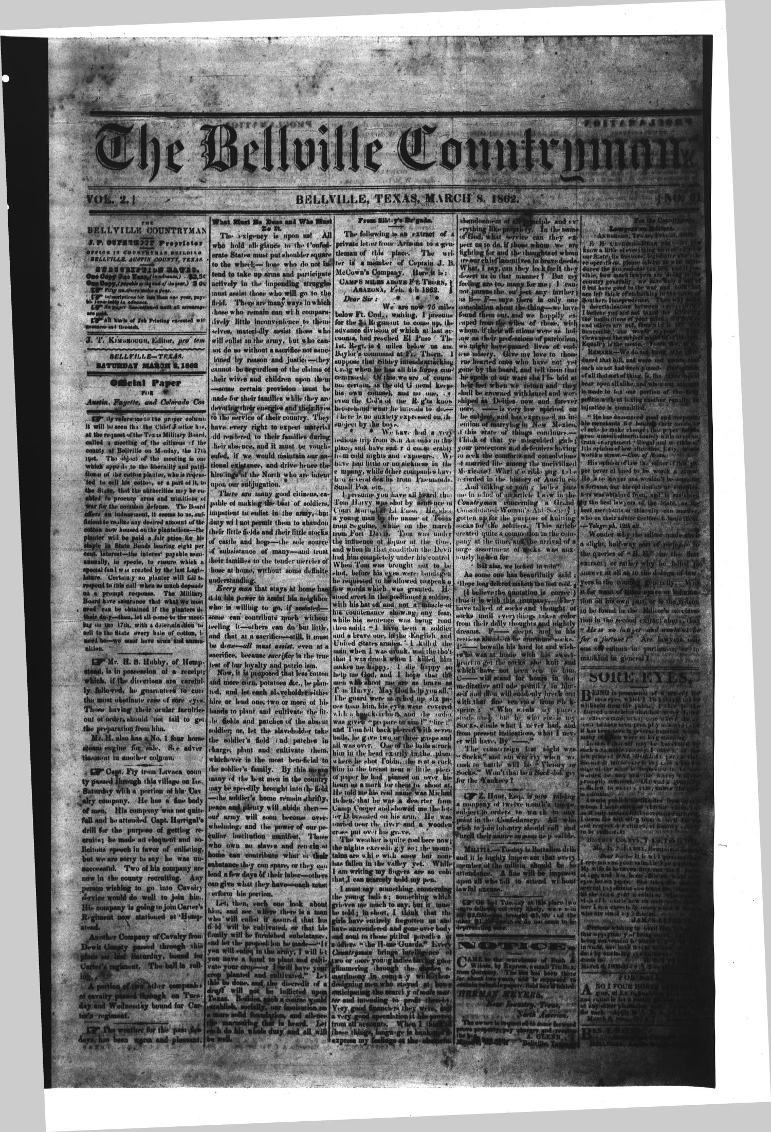 The Bellville Countryman (Bellville, Tex.), Vol. 2, No. 31, Ed. 1 Saturday, March 8, 1862
                                                
                                                    [Sequence #]: 1 of 2
                                                