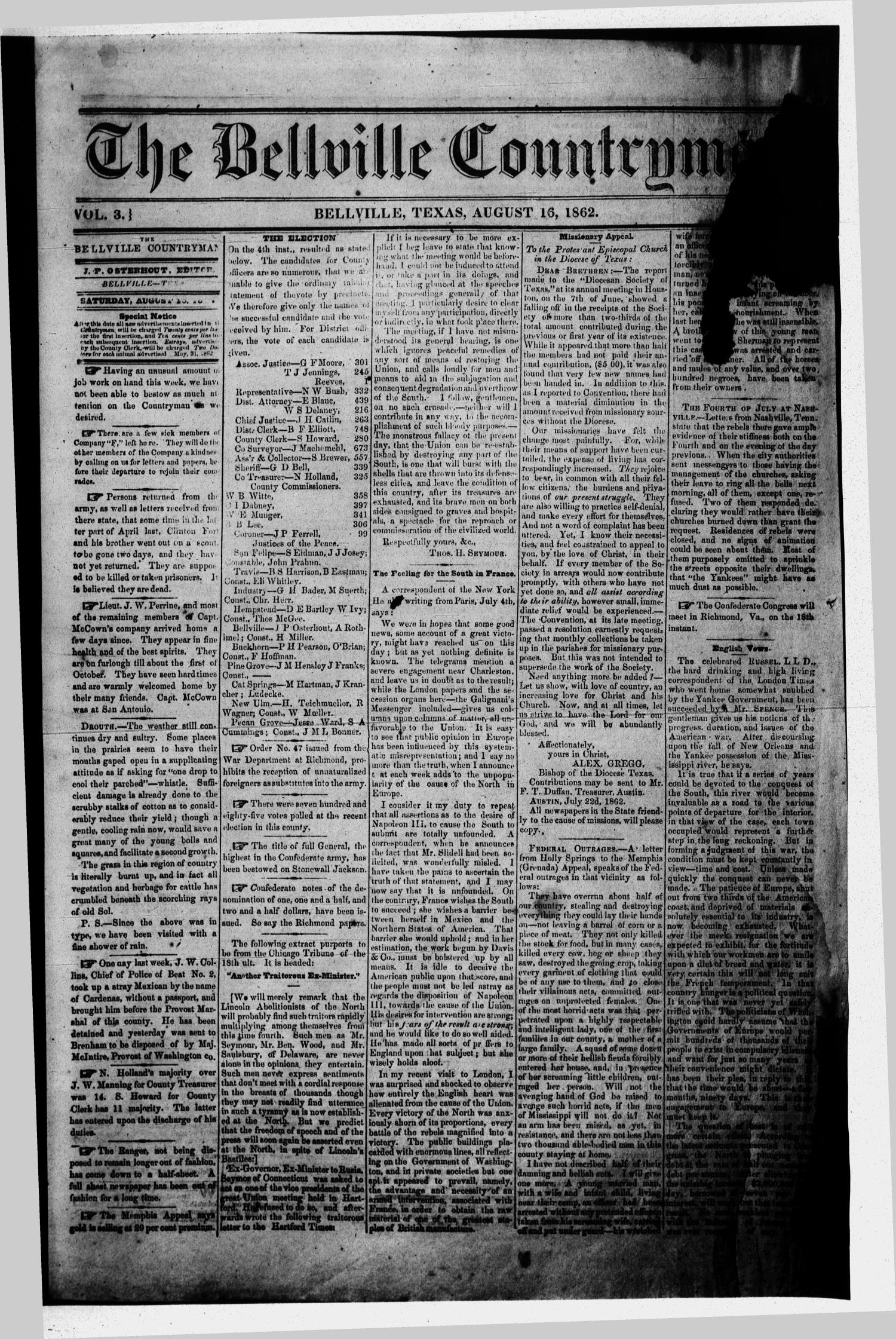 The Bellville Countryman (Bellville, Tex.), Vol. 3, No. 3, Ed. 1 Saturday, August 16, 1862
                                                
                                                    [Sequence #]: 1 of 2
                                                