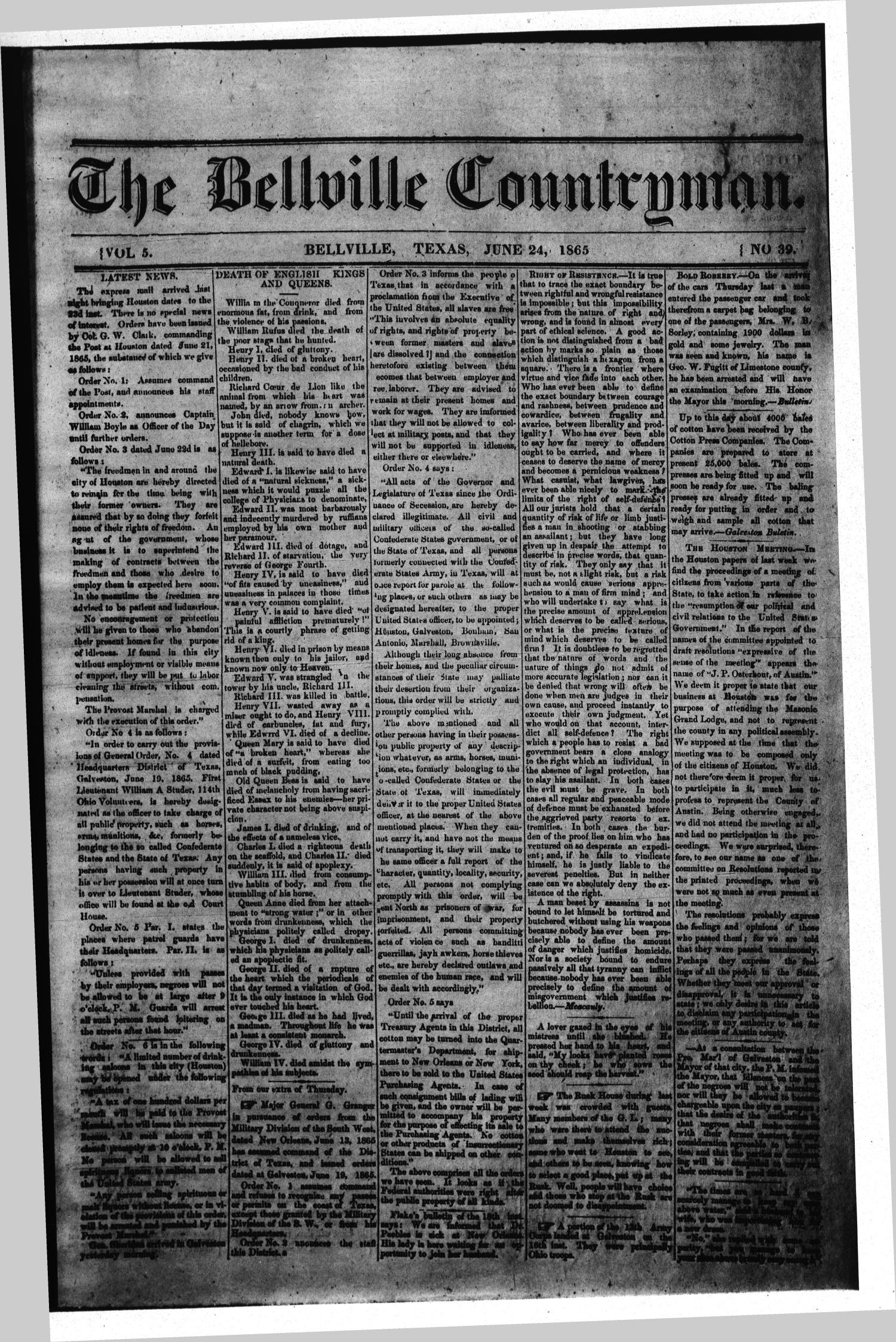 The Bellville Countryman (Bellville, Tex.), Vol. 5, No. 39, Ed. 1 Saturday, June 24, 1865
                                                
                                                    [Sequence #]: 1 of 2
                                                