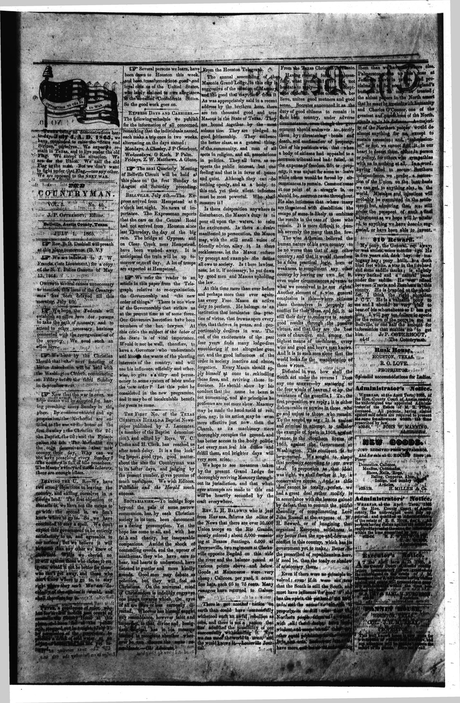 The Bellville Countryman (Bellville, Tex.), Vol. 5, No. 40, Ed. 1 Saturday, July 1, 1865
                                                
                                                    [Sequence #]: 2 of 2
                                                