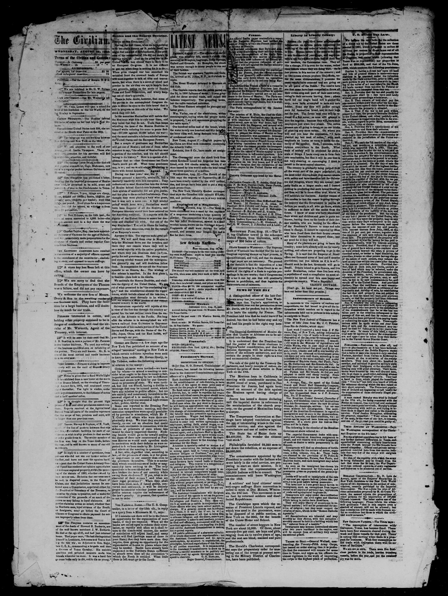 Civilian and Gazette. Tri-Weekly. (Galveston, Tex.), Ed. 1 Wednesday, August 23, 1865
                                                
                                                    [Sequence #]: 2 of 4
                                                