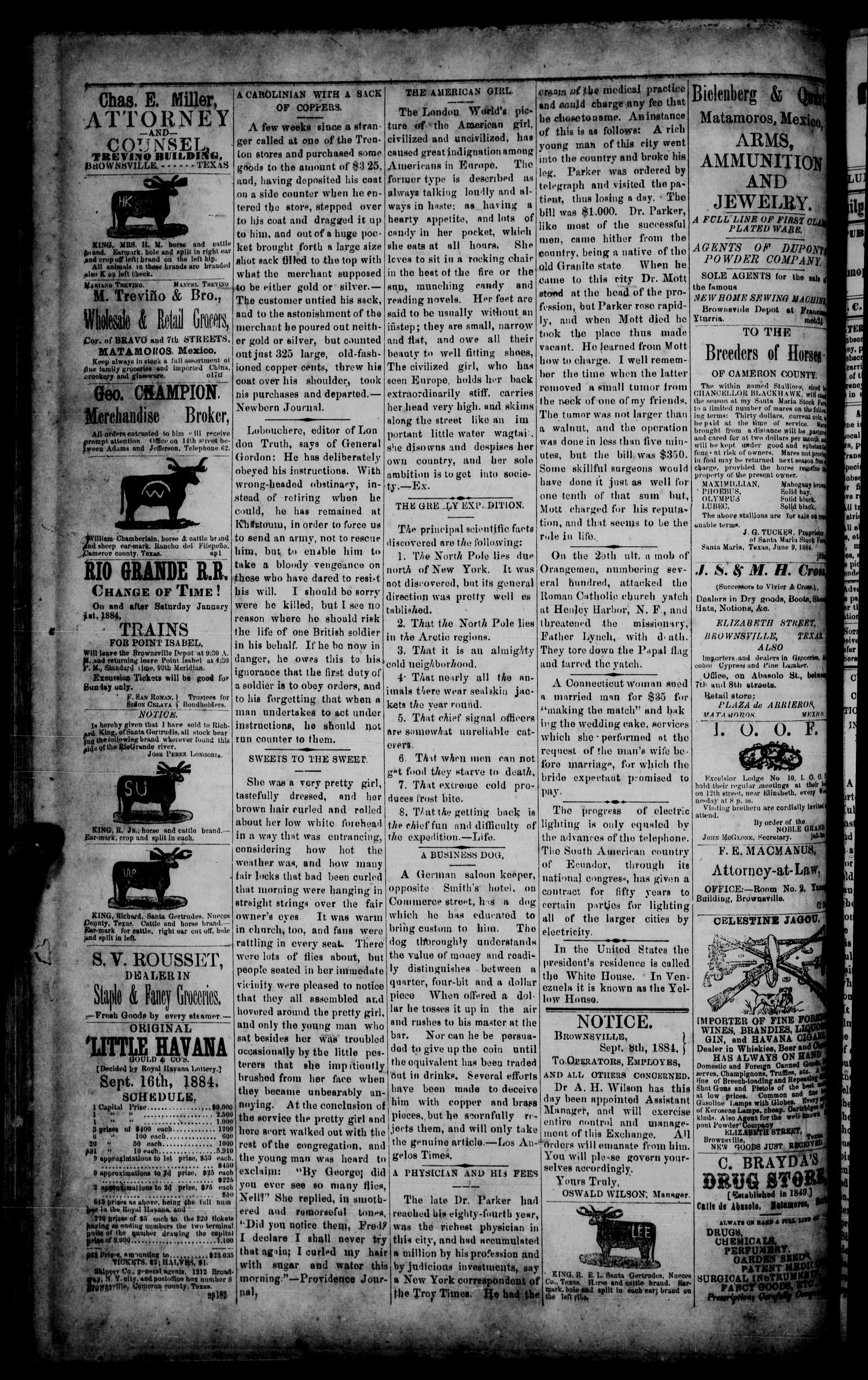 The Daily Cosmopolitan (Brownsville, Tex.), Vol. 6, No. 24, Ed. 1 Monday, September 15, 1884
                                                
                                                    [Sequence #]: 4 of 4
                                                
