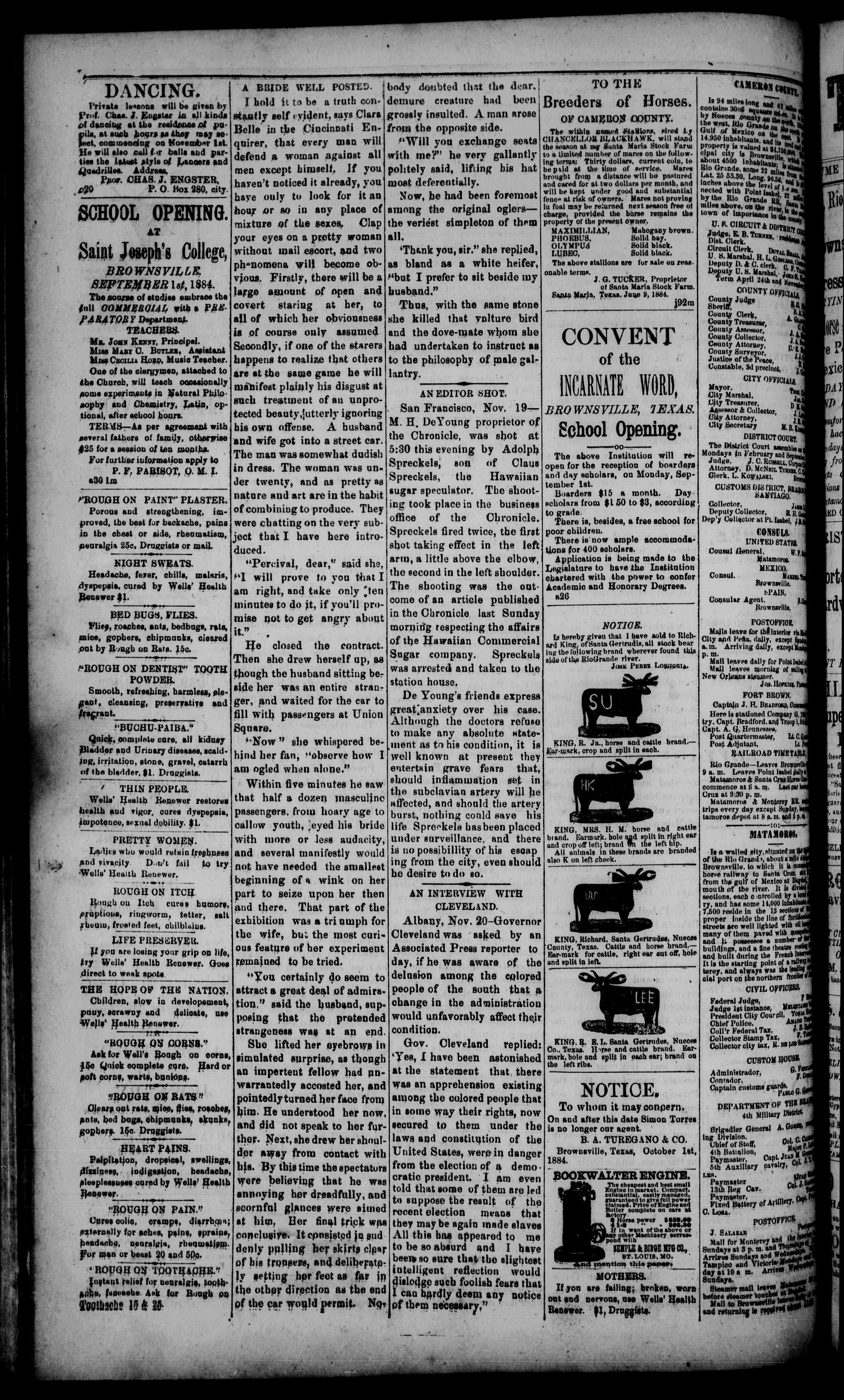 The Daily Cosmopolitan (Brownsville, Tex.), Vol. 6, No. 86, Ed. 1 Wednesday, November 26, 1884
                                                
                                                    [Sequence #]: 4 of 4
                                                